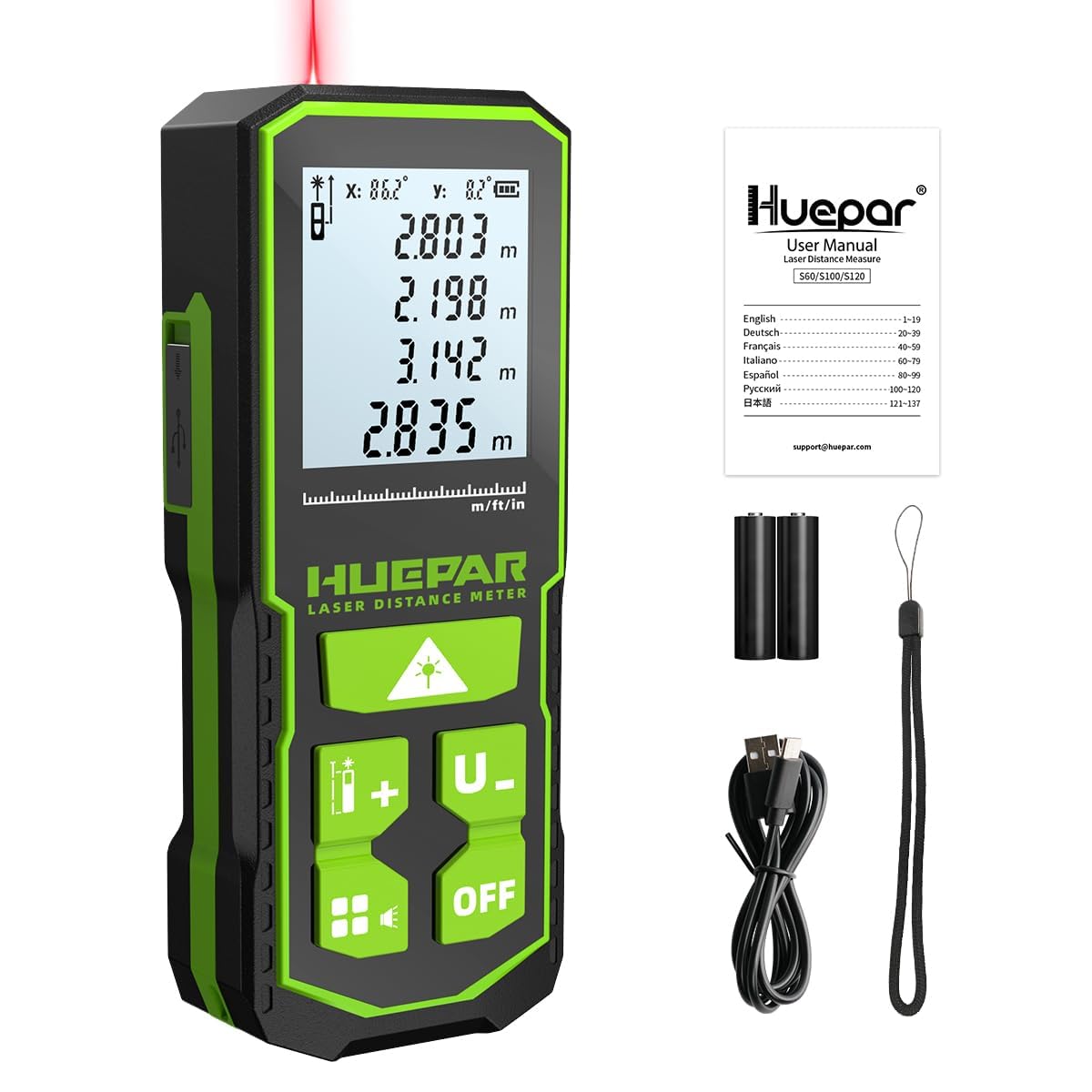 Laser Measure Device, Huepar 60M-120M Laser Distance Meter Digital Measure Tool Range Finder with Bubble Level and Large LCD Backlit and Waterproof IP54, Battery Included