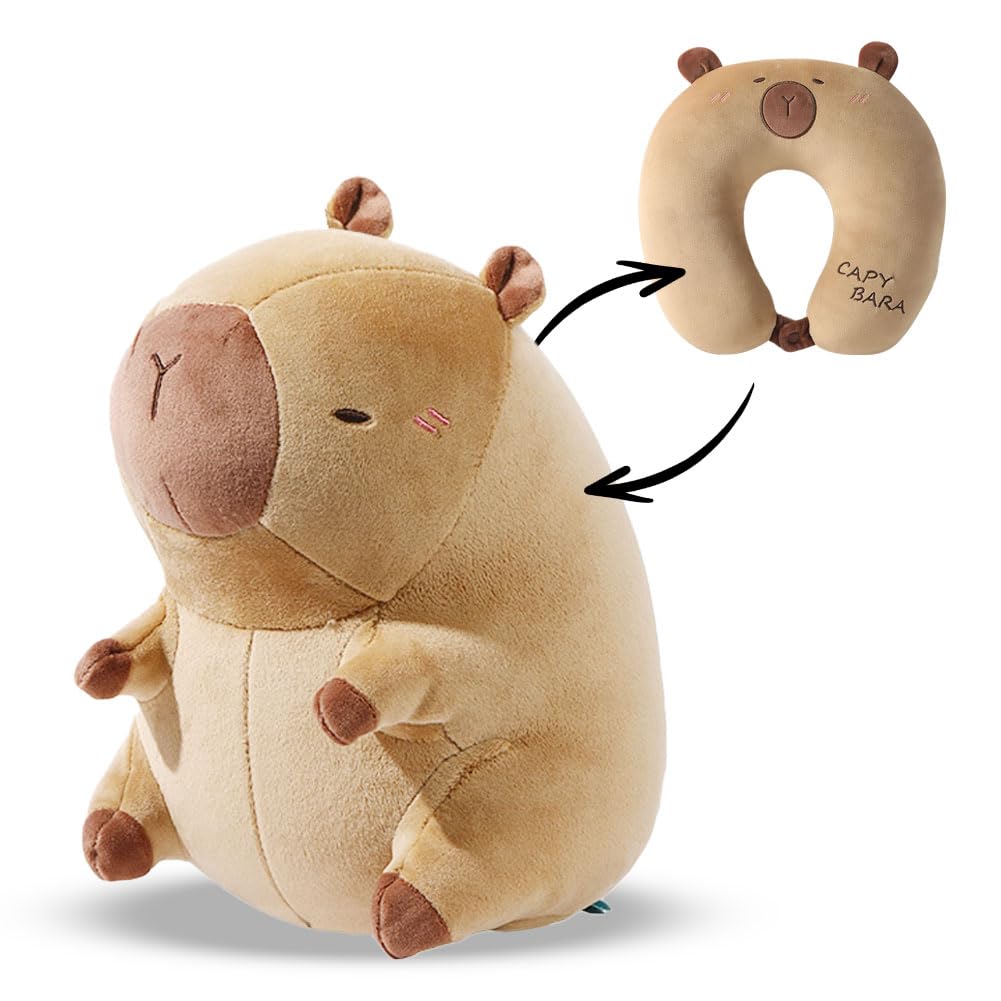 Capybara Travel Pillow,2-in-1 Deformable Neck Pillow,U-Shape Pillows,2-in-1 Deformable Neck Pillows Cute Plush Animals Comfy Sleep and Play Companion for Camping, Sleeping