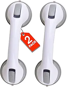 (2 Pack) Shower Handle 12 inch Grab Bars for Bathtubs and Showers Suction Bar Handles Handicap Elderly Seniors Safety Bathroom Bath Grip - Balance Assist ONLY for Tiles Glass & Hard Plastic