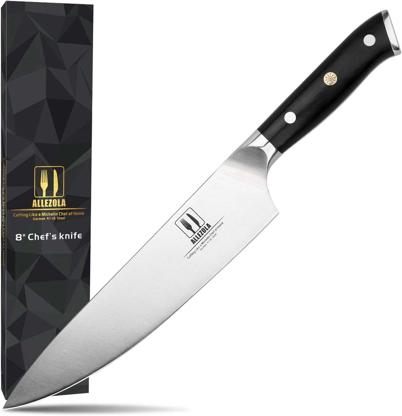 Japanese knife, Allezola Razor Sharp 8-inch High Carbon Stainless Steel Germany Kitchen Knife, Triple Riveted G10 Wooden Handle