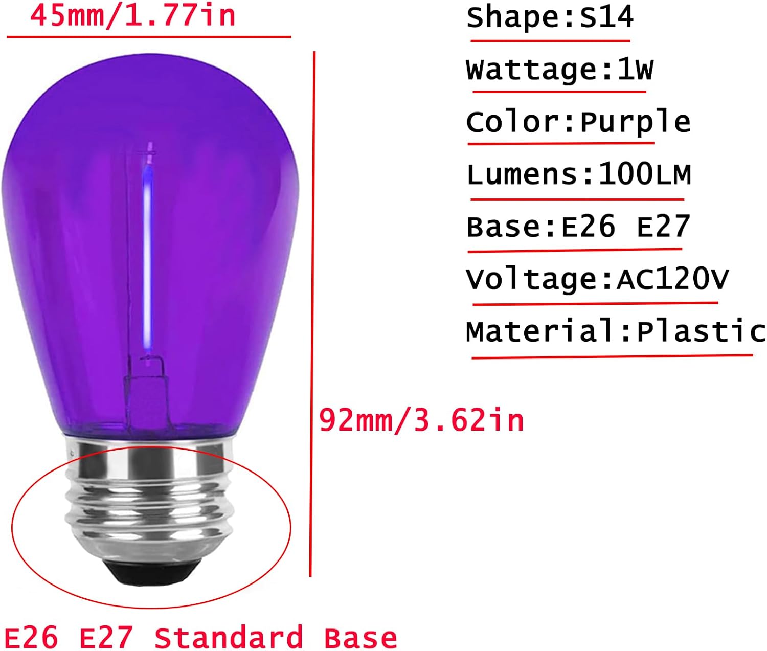 S14 Purple LED Bulbs 1W S14 LED Bulb Shatterproof Plastic Outdoor Indoor Filament Replacement Bulbs E26 Base Decorative LED String Light Bulbs for Party Home Wedding Halloween (Purple)