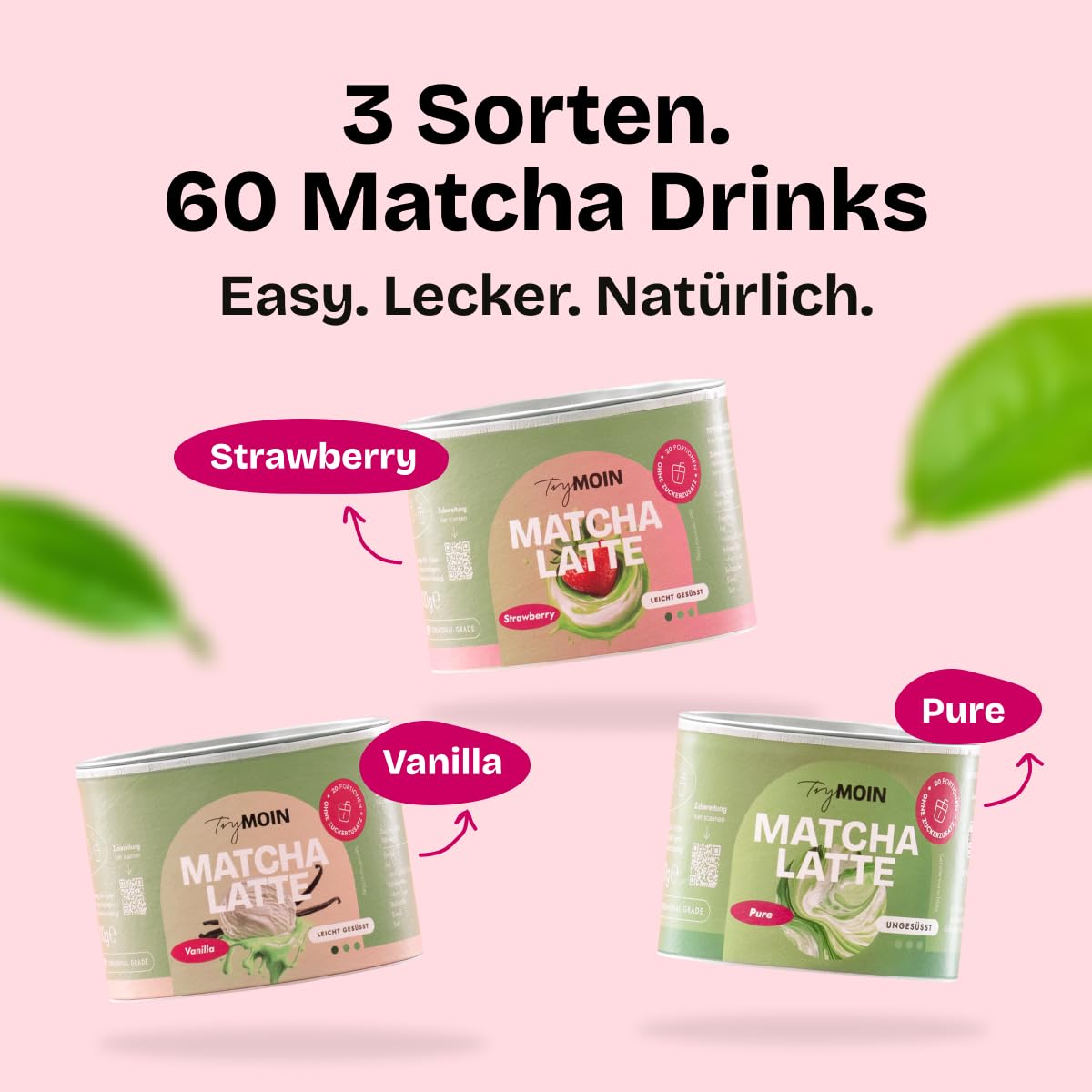 TryMOIN Matcha Bundle 3er, Ceremonial Grade, Strawberry & Vanilla | 1x Bio Matcha Pulver, 1x Strawberry Matcha, 1x Vanilla Matcha
