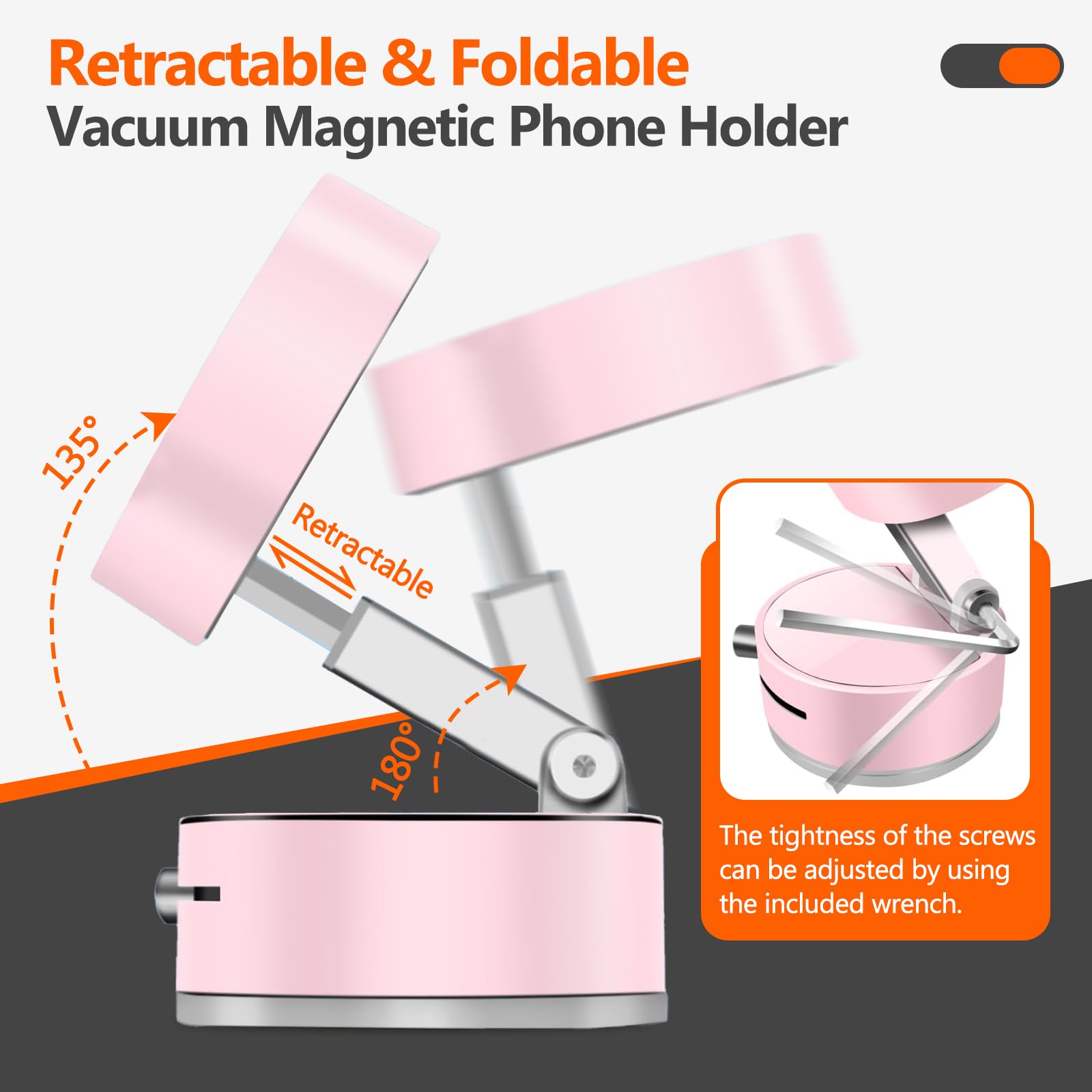 Foldable Vacuum Magnetic Phone Holder - Retractable, Strong Suction, 180° Adjustable, For Car, Gym, Kitchen (Pink)