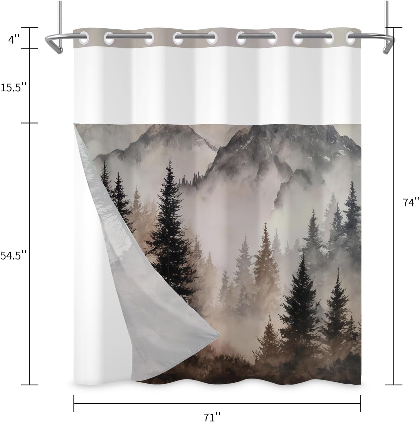 Leowefowa Misty Forest No Hook Shower Curtain with Snap in Liner, Brown Nature Mountain Ringless Double Layer Shower Curtain and Liner Set, Hook-Free with Window Waterproof Cloth Fabric, 71x74inch