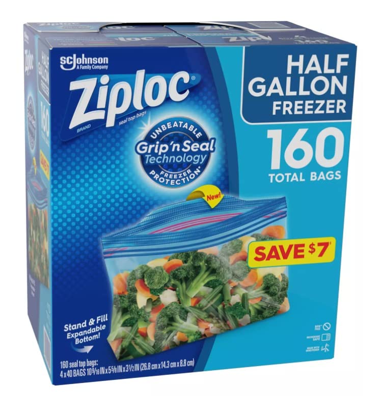 Ziploc Freezer Half gallon Freezer Grip N' Seal Technology Tabs 4 X 40 Bags Netcount 160 Bags, 160Count