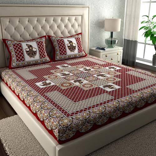 Image of LA VERNE Combo Pack of 2 Double Bedsheet with 4 Pillow Covers | Cotton Double Flat 104 TC Jaipuri Prints Bedsheet Size 240 X 220 CM (Blue,Red)