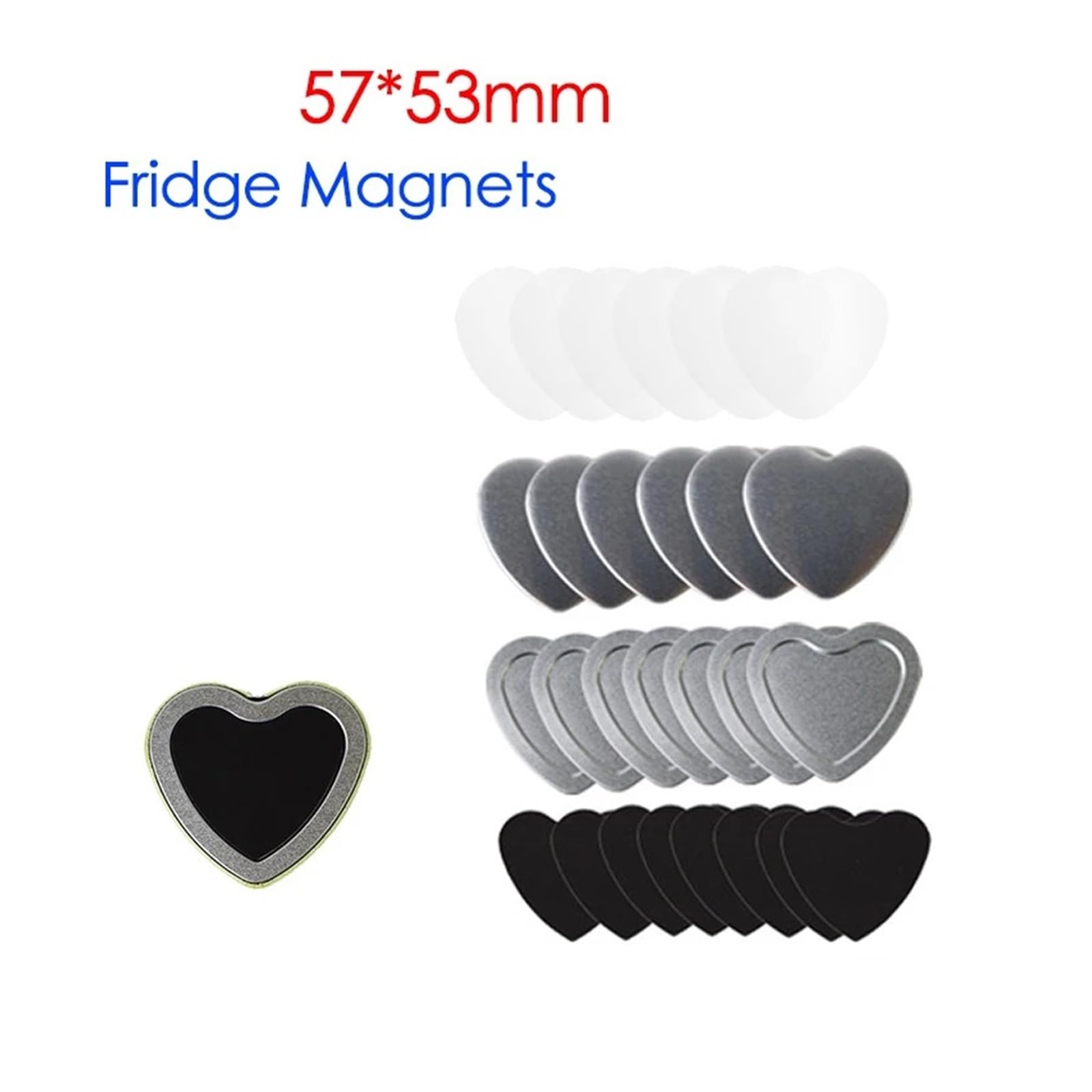 Lot de 100 badges en métal en forme de cœur, 57 x 53 mm, for fabrication de badges, aimants et épingles Compatible