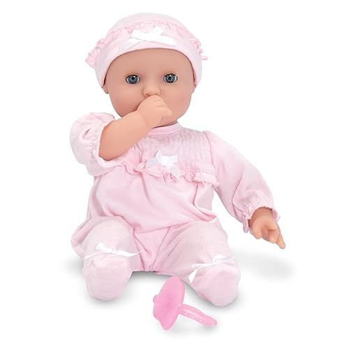 Melissa & Doug Mine to Love Jenna - Muñeca de bebé de 12 pulgadas con ojos móviles, acción de succión de pulgar y chupete, ropa y accesorios para