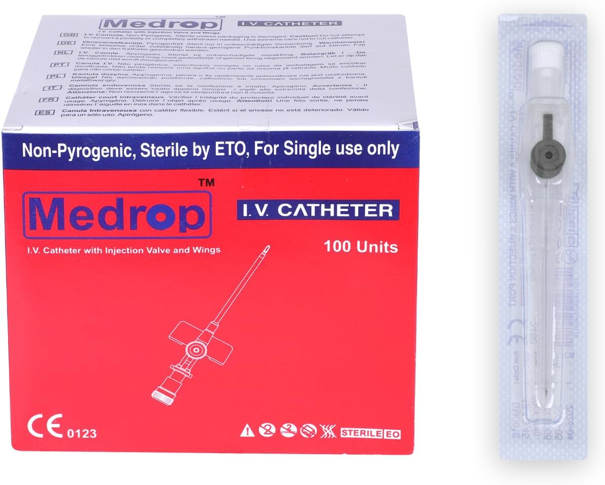 Medrop Safety I.V. CANNULA 16G, Color - Grey I.D - 1.3mm, O.D-1.7mm, Catheter Length - 45mm Water Flow Rate - 270ml./min, Pack of 100