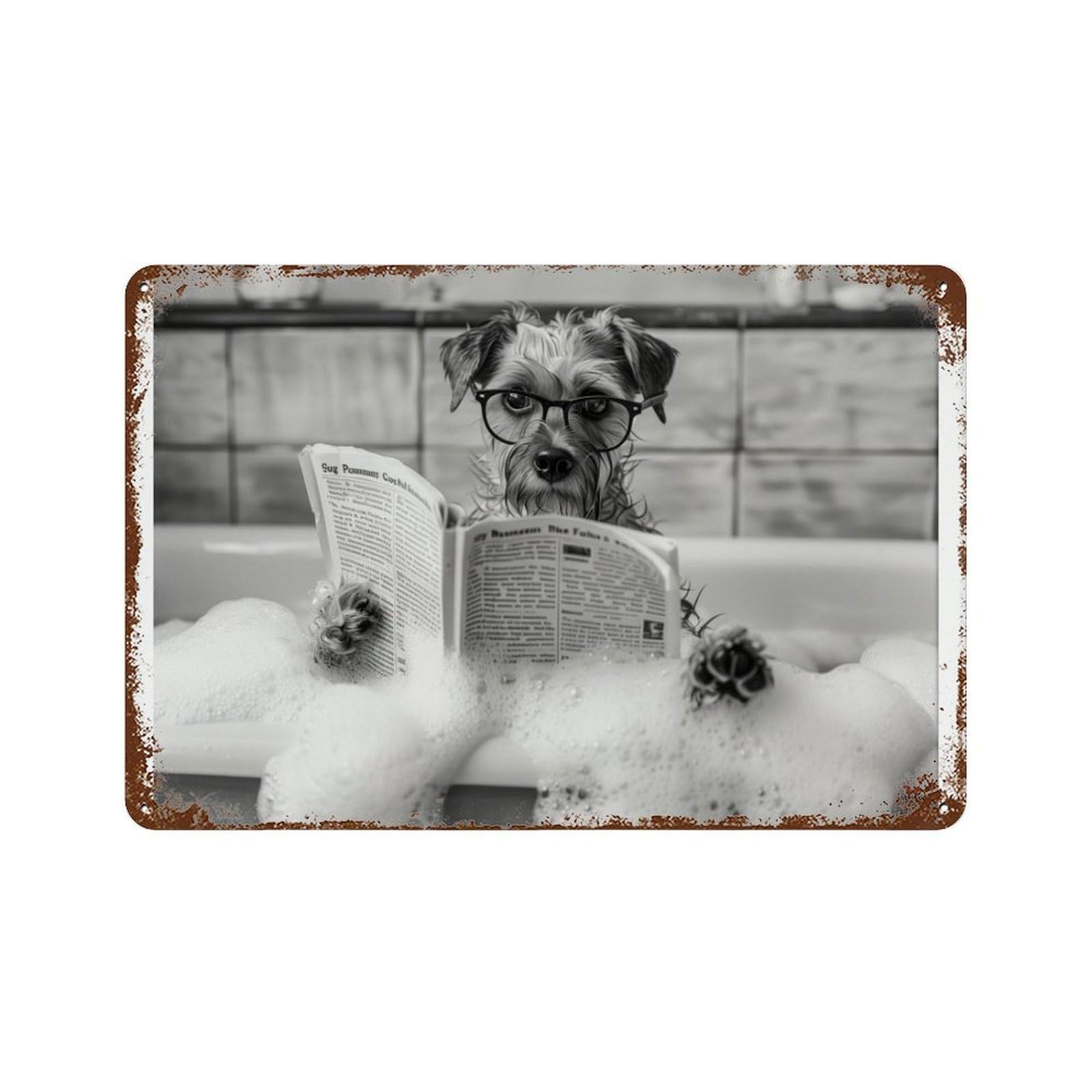 xiaoxiaoshen A Funny Border Terrier in The Bathtub_Dog Reading A Newspaper Wall Decor Art Metal Tin Poster Modern Home Decor Art Home Bar Shop Decorations Vintage Sign 20x30cm