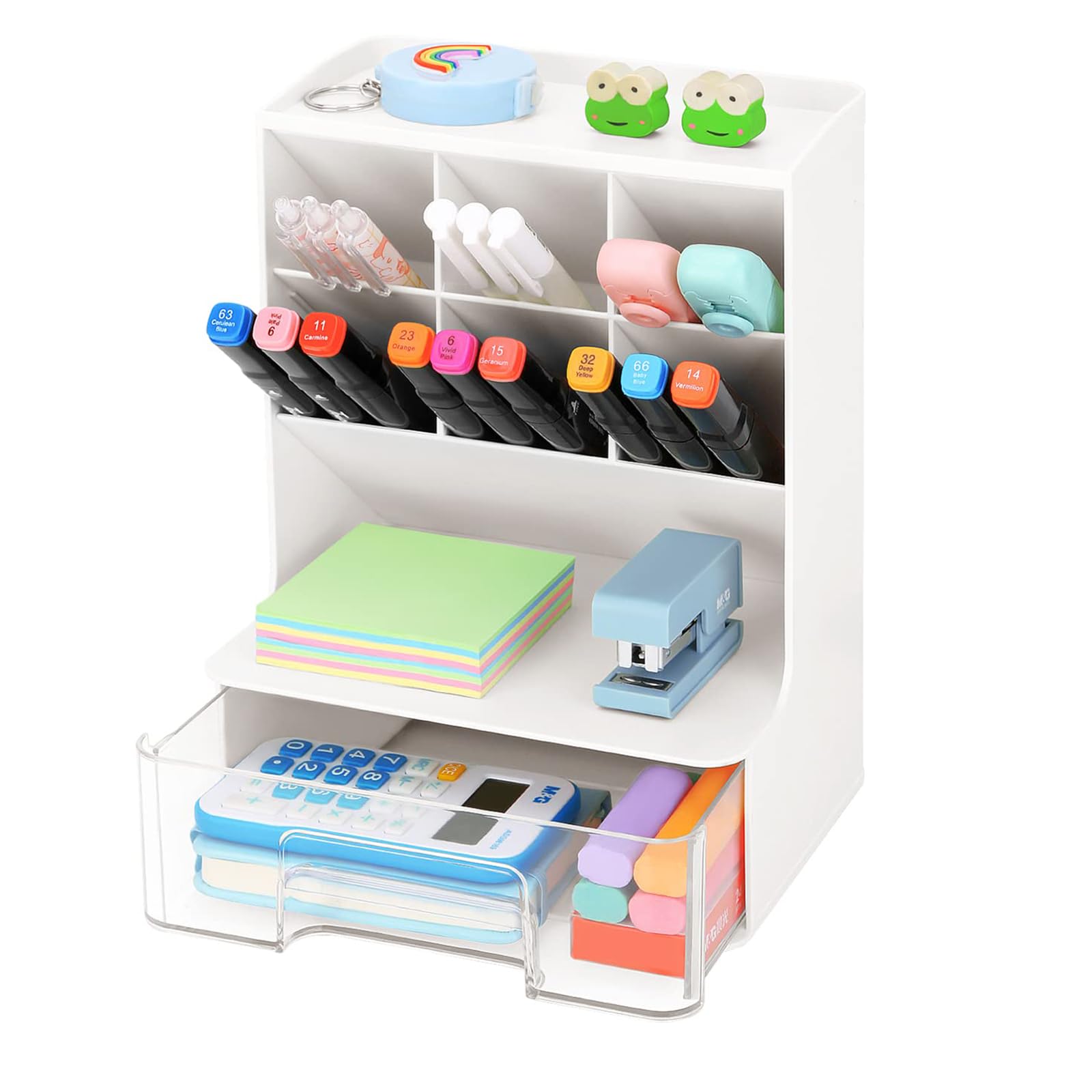 Organizador de Escritorio para Lápices Multifuncional Portalápices Escritorio con Cajones Soporte para Lápices de Bricolaje con 6 Compartimentos Portalapices para Escuela Oficina Hogar (Blanco)