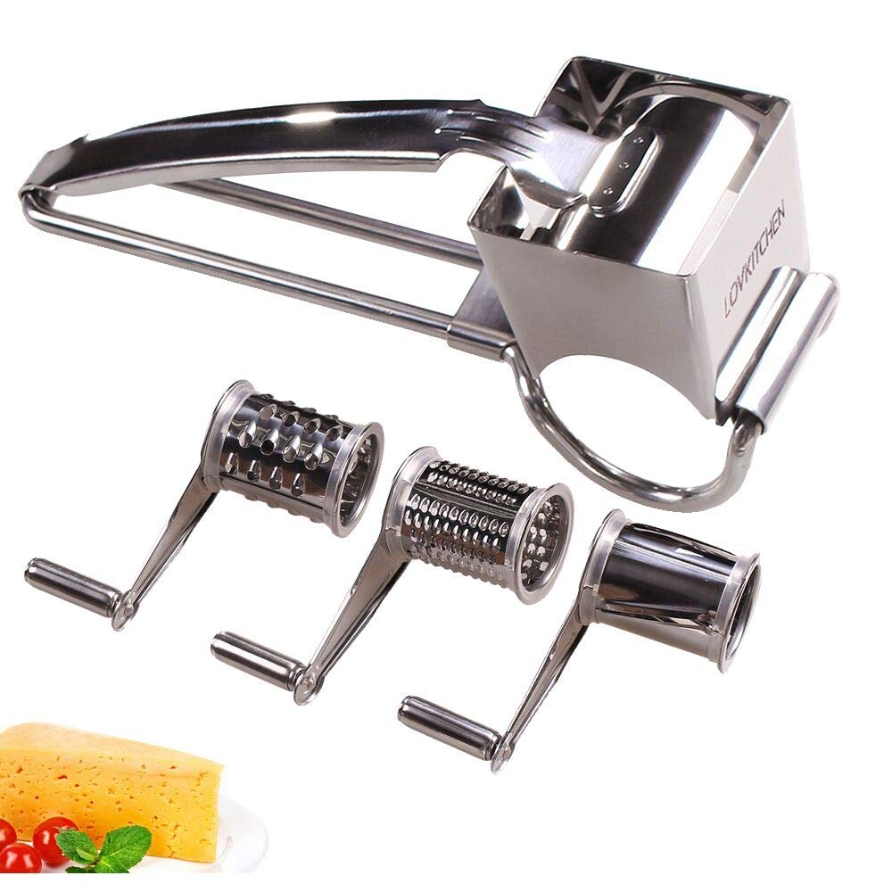 Rotary Cheese Grater, LOVKITCHEN Stainless Steel Rotary Cheese Graters Shredder Handheld,Kitchen Grater for Cheese Ginger Vegetables With 3 Interchangeable Drum Blades