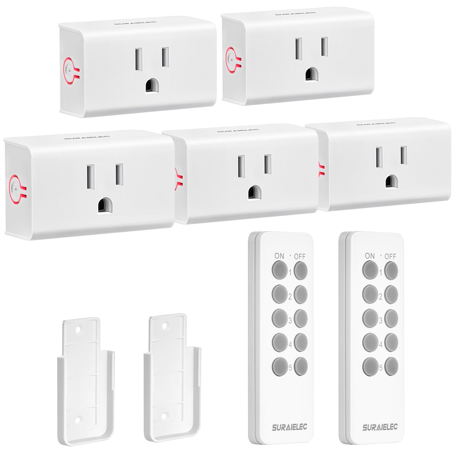 SURAIELEC Remote Control Outlet, Wireless Light Switch - 5 Outlets + 2 Remotes, 15 AMP, 100FT Range, No Interference, Remote Light Switch Kit for Lamp, Fan, Christmas Tree Light, Household Appliance