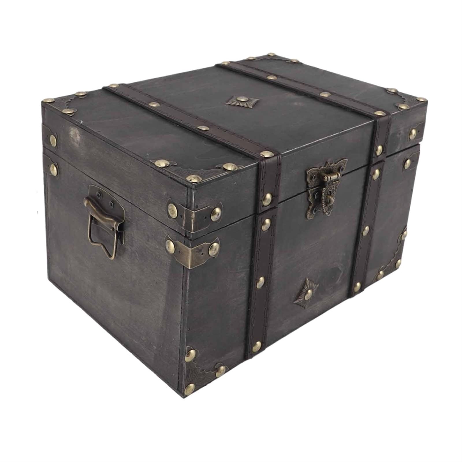 YShiuoL Wooden Storage Box Wooden Treasure Chest Box Decorative Exquisite Vintage Storage Container with Lock for Jewelry Earrings Bracelets(DARK GRAY)