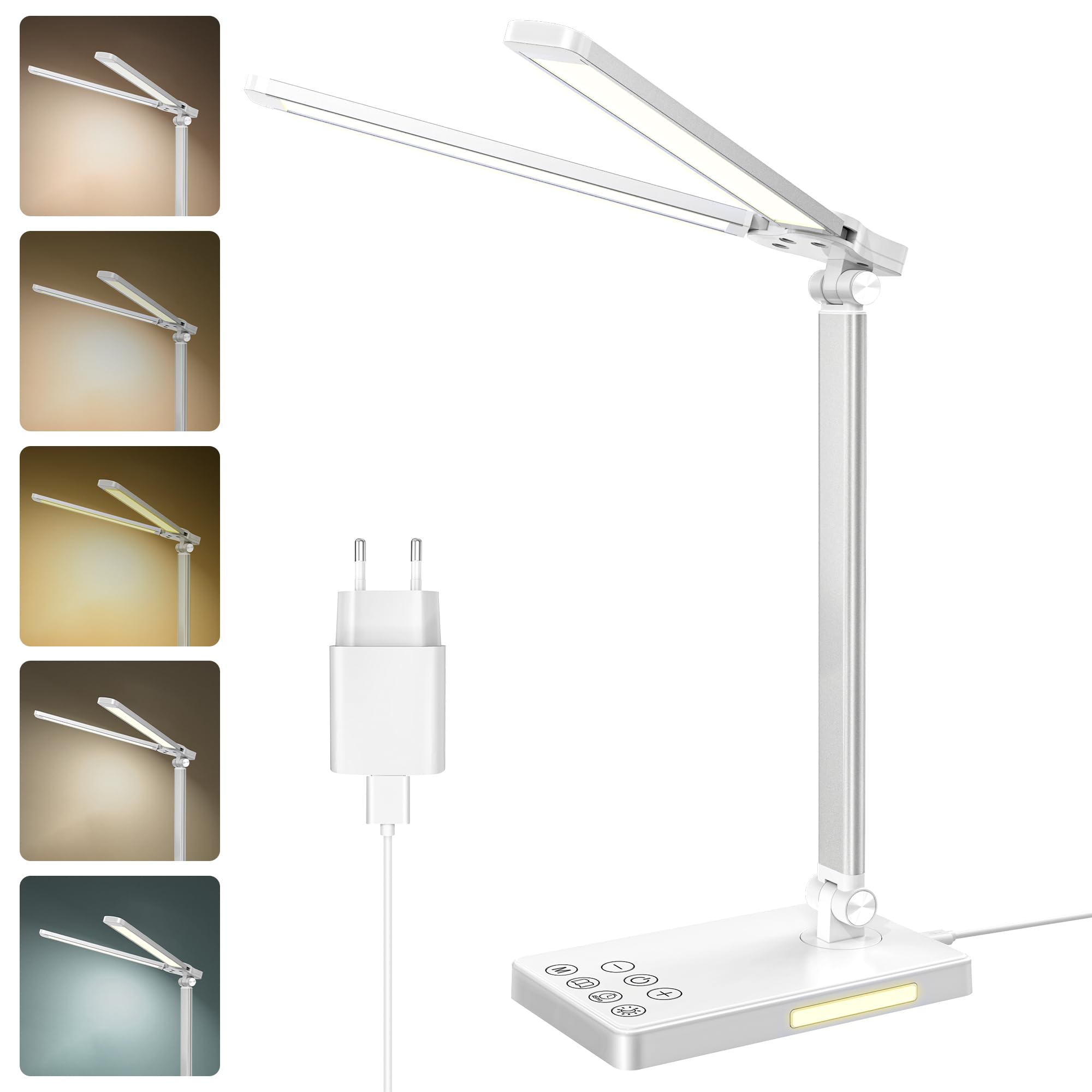 Bazcuka Lámpara Escritorio LED, Cabeza Doble Lampara LED con Enchufe, Lámpara Escritorio Estudio, Cuidado Ocular Lámpara USB para Lectura Oficina