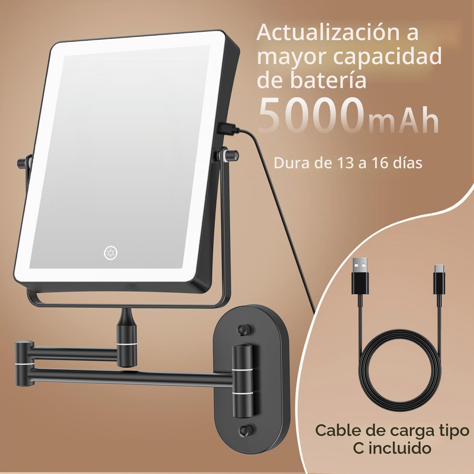 Famihomii 5000mAh Espejo de Maquillaje Recargable con iluminación LED | espejo de maquillaje con aumento de 1/30x e interruptor táctil,espejo de afeitar regulable,giratorio 360° (negro)