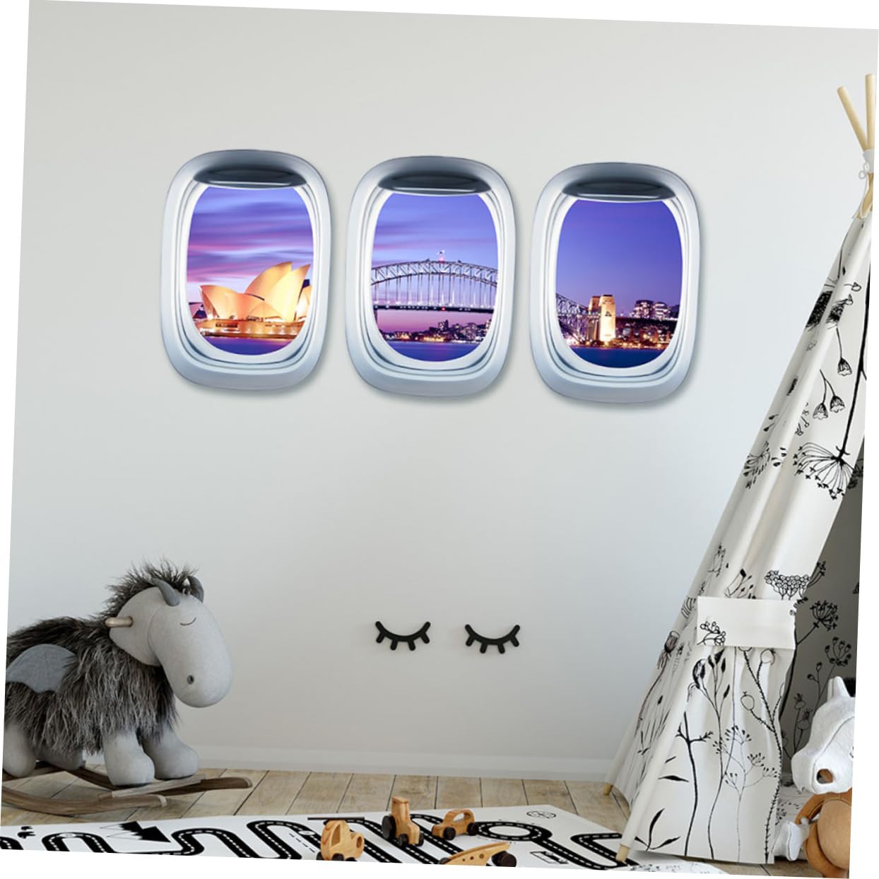 Housoutil 3pièces Autocollant Mural Fenêtre Décoration Auto-adhésive Amovible Paysages Urbains Pour Chambre Garçon Fille Adhésif Décoratif Original Pour Murs Et Portes