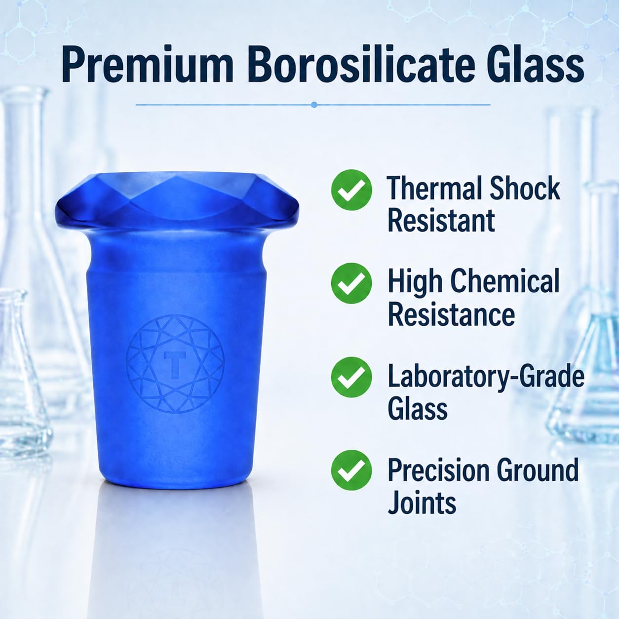 Borosilicate Glass Faceted Reduction Adapter (Single) | Laboratory Glassware Connector | 18mm Male to 14mm Female Scientific Glass Adapter | Terporium Lab Glassware | Blue — Amazon image 3