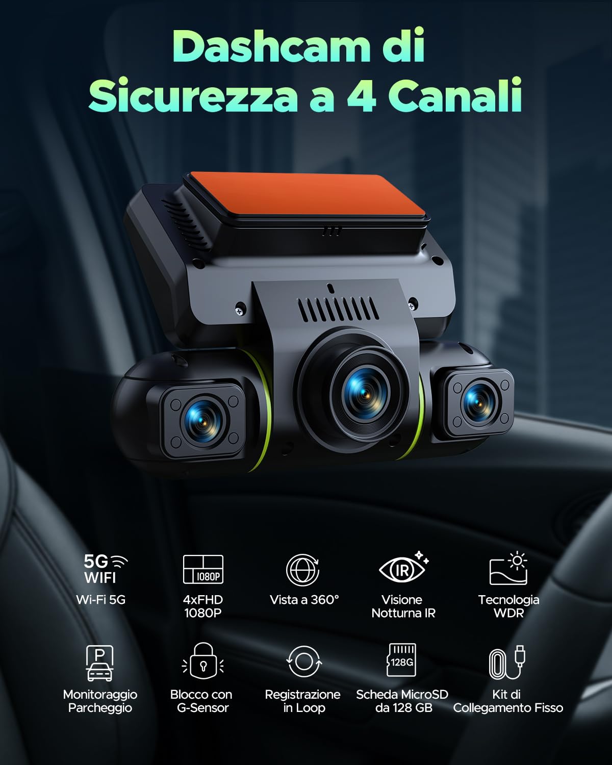 LAMTTO Dash Cam Auto 360 Gradi Dashcam Controllo APP WiFi 5G 4 Canali Telecamera per Auto Monitoraggio del Parcheggio IR Visione Notturna Kit di Cablaggio Scheda 128GB Gratuita