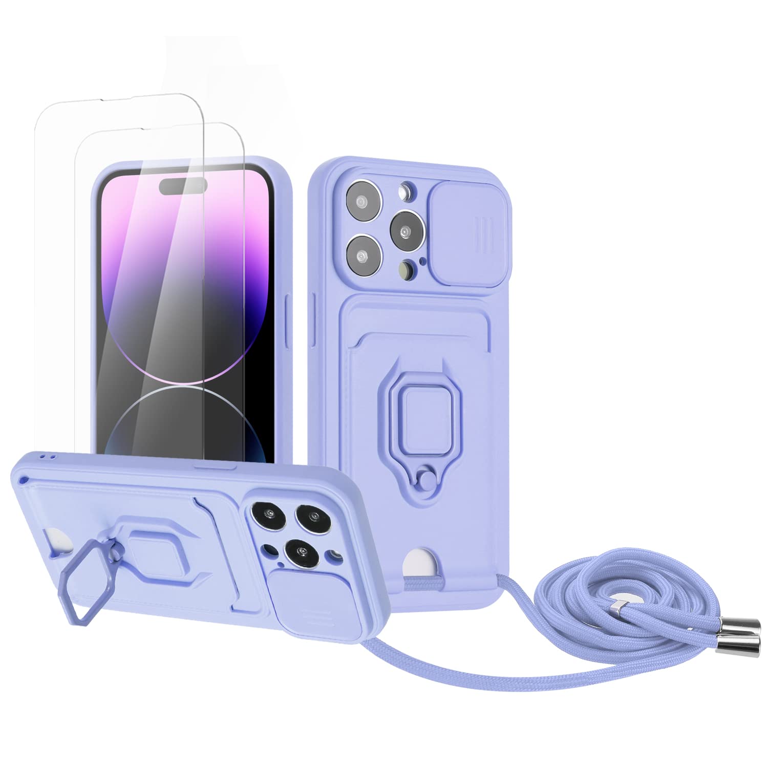 Zallagre Funda con Cuerda Compatible con Redmi Note 13 Pro 5G,[2 Packs Cristal Templado],Ranura para Tarjetas,Cubierta de Cámara Deslizante Proteger,360 Anillo Soporte-Morado — view 11