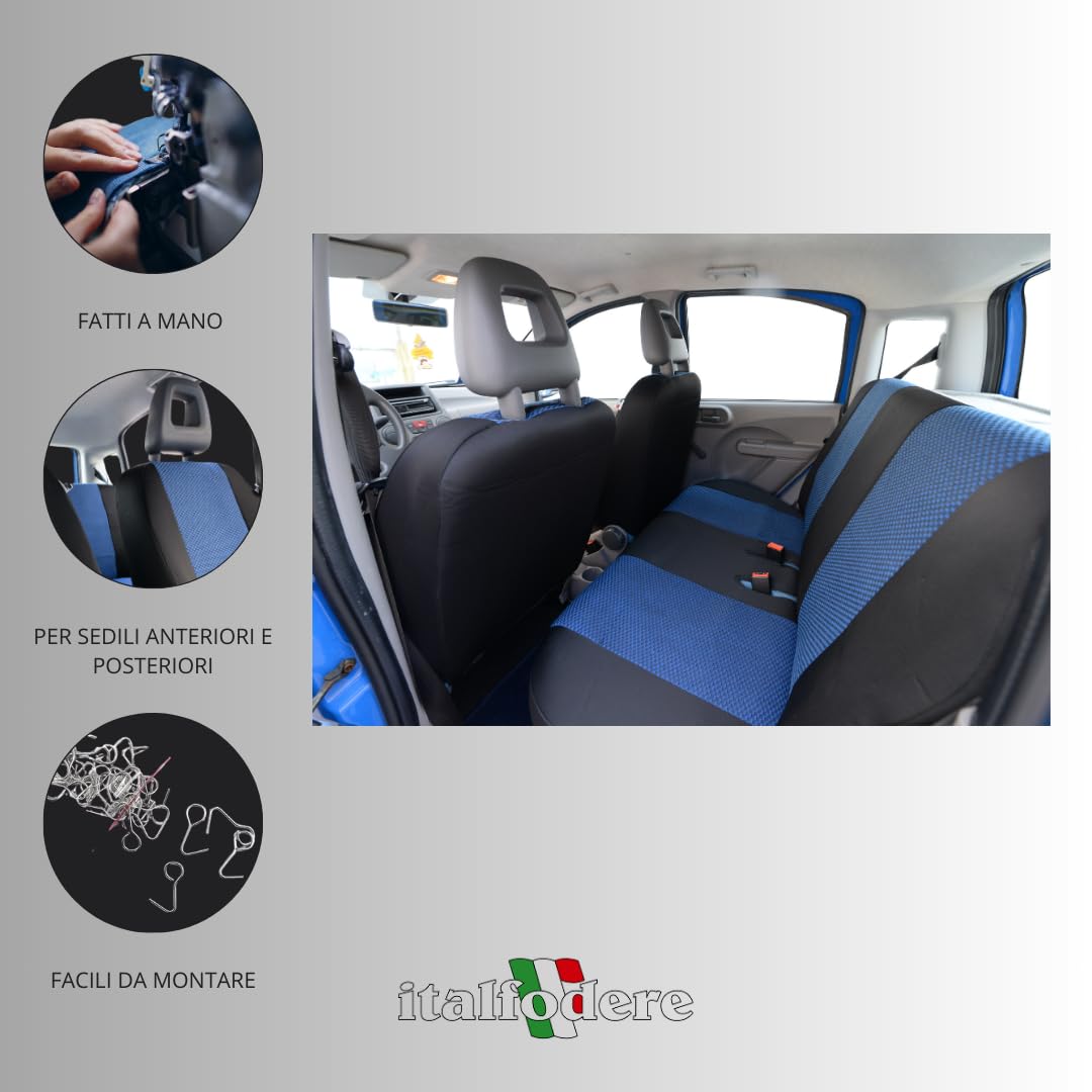 Accessori Fiat Panda Coprisedili Italfodere Per Fiat Panda 2003-2011 - Tessuto Azzurro/Nero, Facili Da Installare Fodere Auto Specifiche