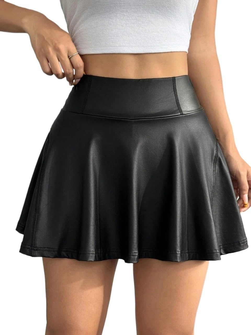 Women's Casual A-Line Mini Skort Summer PU Skirt with Built-in Shorts for Beach Daily Wear