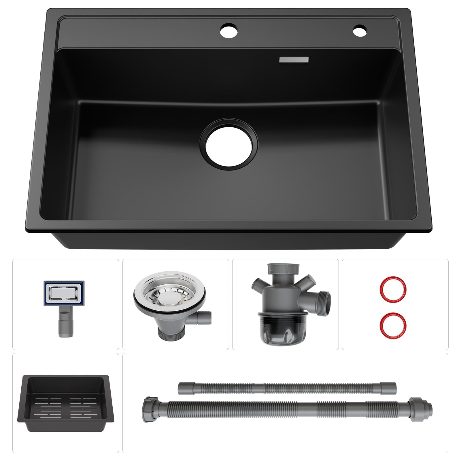 ANYCEE Lavello Cucina Nero 70x46 cm, Lavandino Cucina 1 Vasca con Cestello di Scarico, Lavello Granito per Mobile da 70 cm, Lavandino Nero di 80% Sabbia Quarzo con Sifone e Scarico