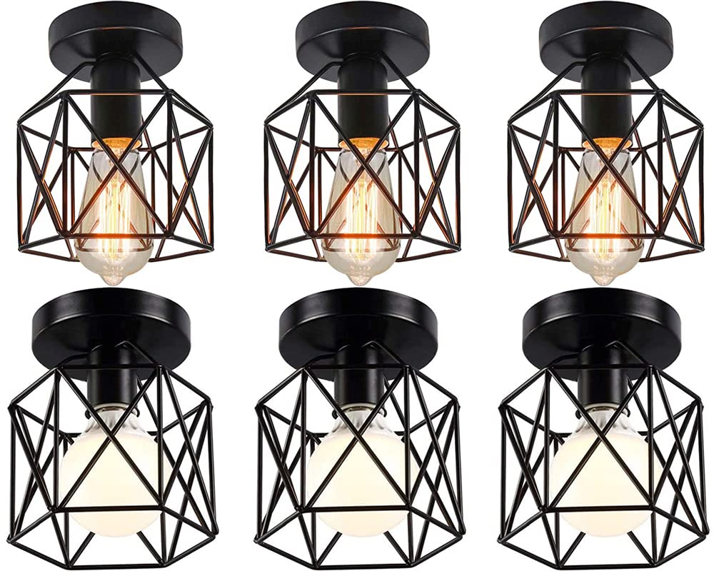 iDEGU Lot de 6 Plafonniers Industriels, 15CM Lustre Fer Forge Noir Cage Suspension Luminaire pour Chambre Entrée Café Bar (6 pcs)