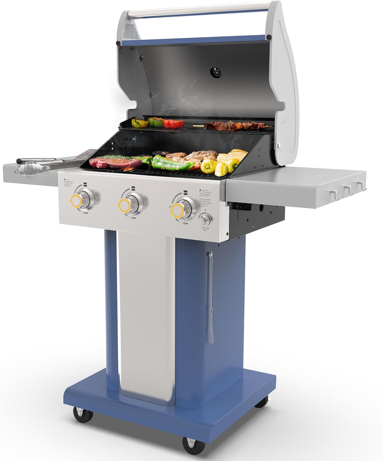 Permasteel 3-Burner Propane Gas Grill, 30,000 BTUs BBQ Grill with Cast Iron Grates, Foldable Side Tables & Tool Hooks, Outdoor Grill, Azure