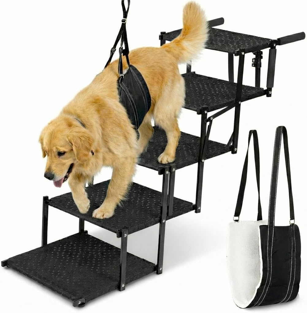 Dog Stairs for Large Dogs for Car | 5 Step Foldable Dog Stairs | 200lb Capacity | Non-Slip Rug Steps | XL Lift Harness Included | Pet Stairs for Large Dogs | Dog Steps for Truck & SUV | VERALUX