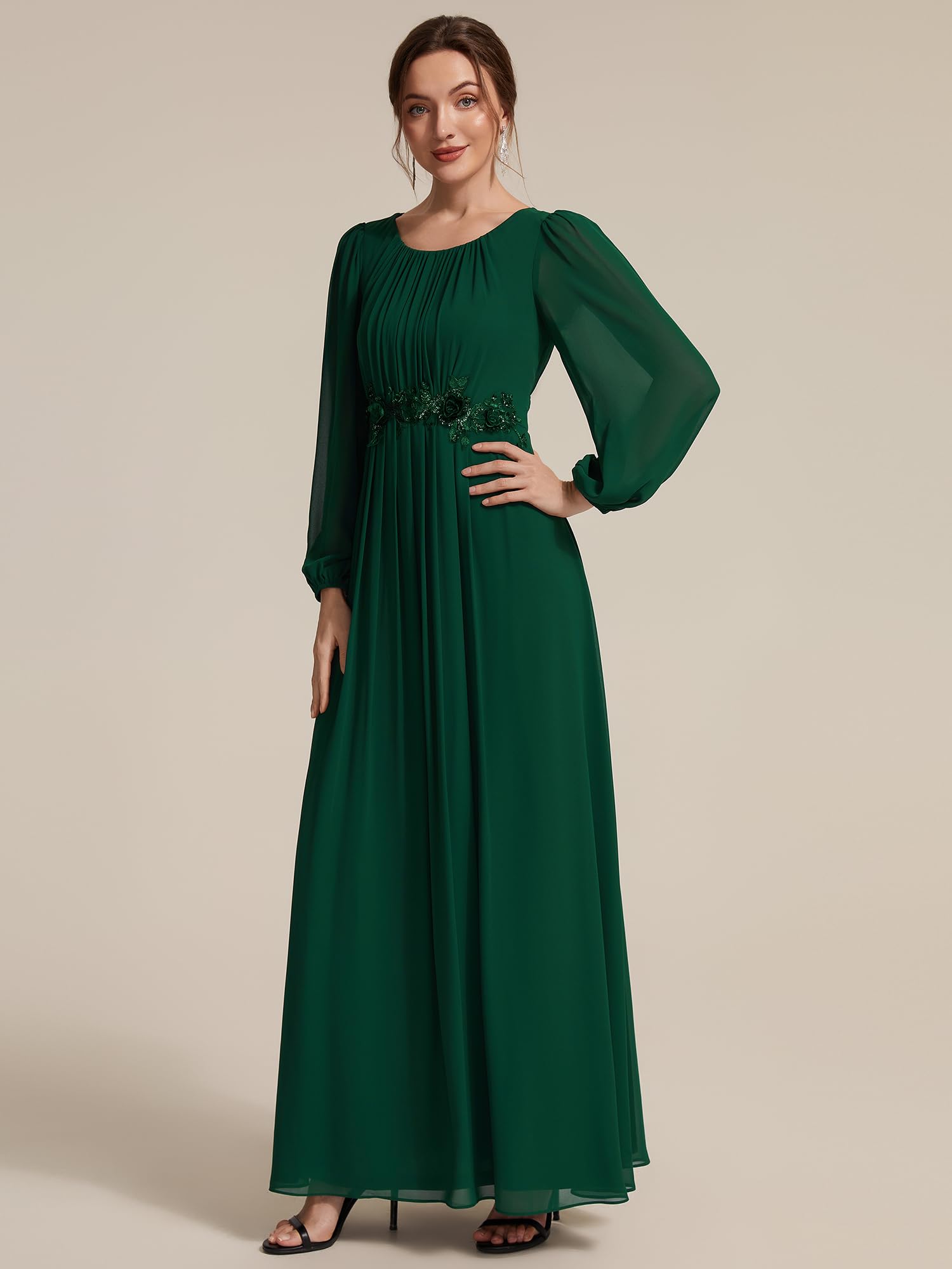 Ever-Pretty Robe Invitée Mariage Longue en Mousseline Manches Bouffantes A-Ligne EE02823