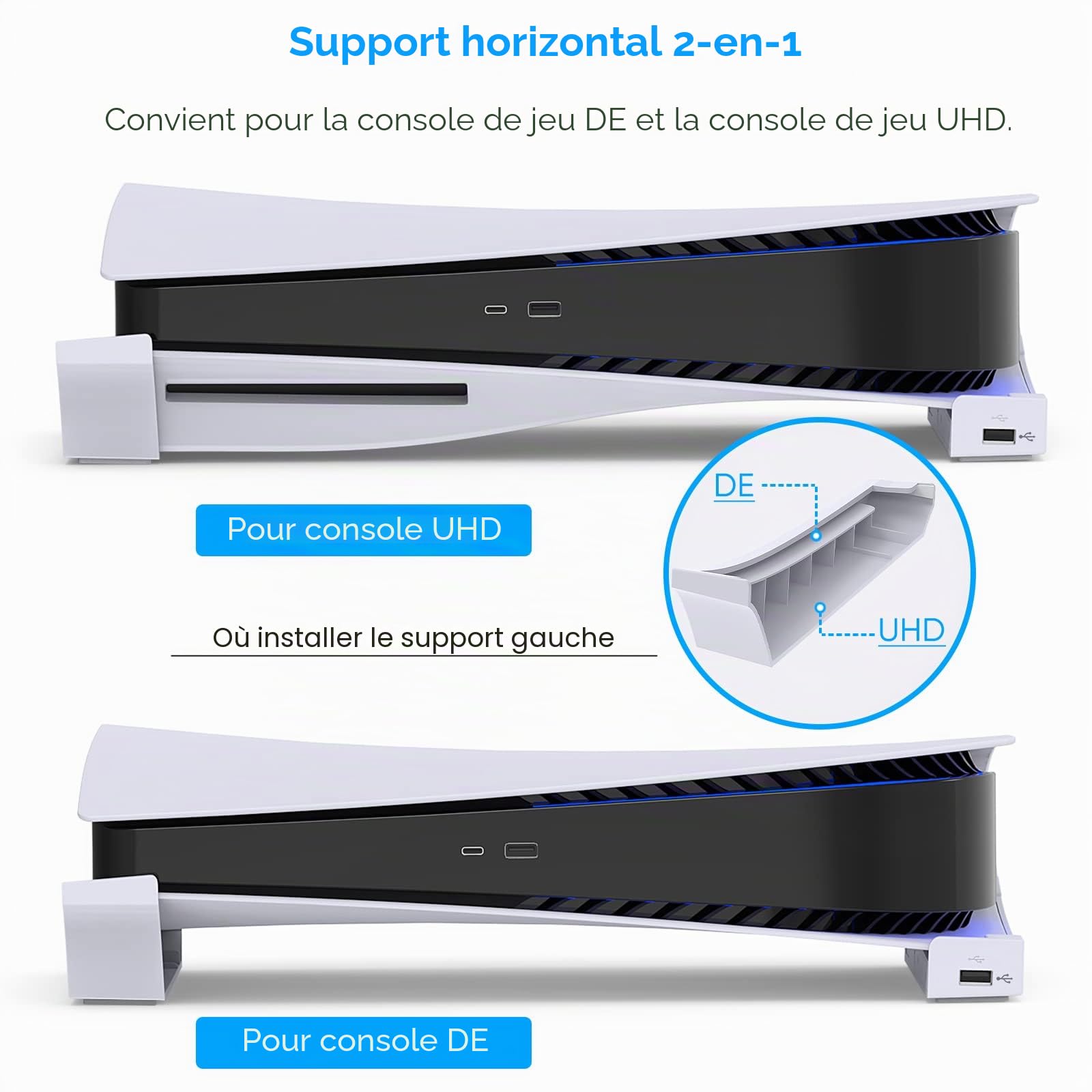 FYOUNG Support Horizontal Compatible avec PS5 Console Disc & Digital avec Port USB Étendu, Base de Support pour Accessoires de Support PlayStation 5 avec Mads Antidérapants (Pas pour PS5 Slim/Pro)