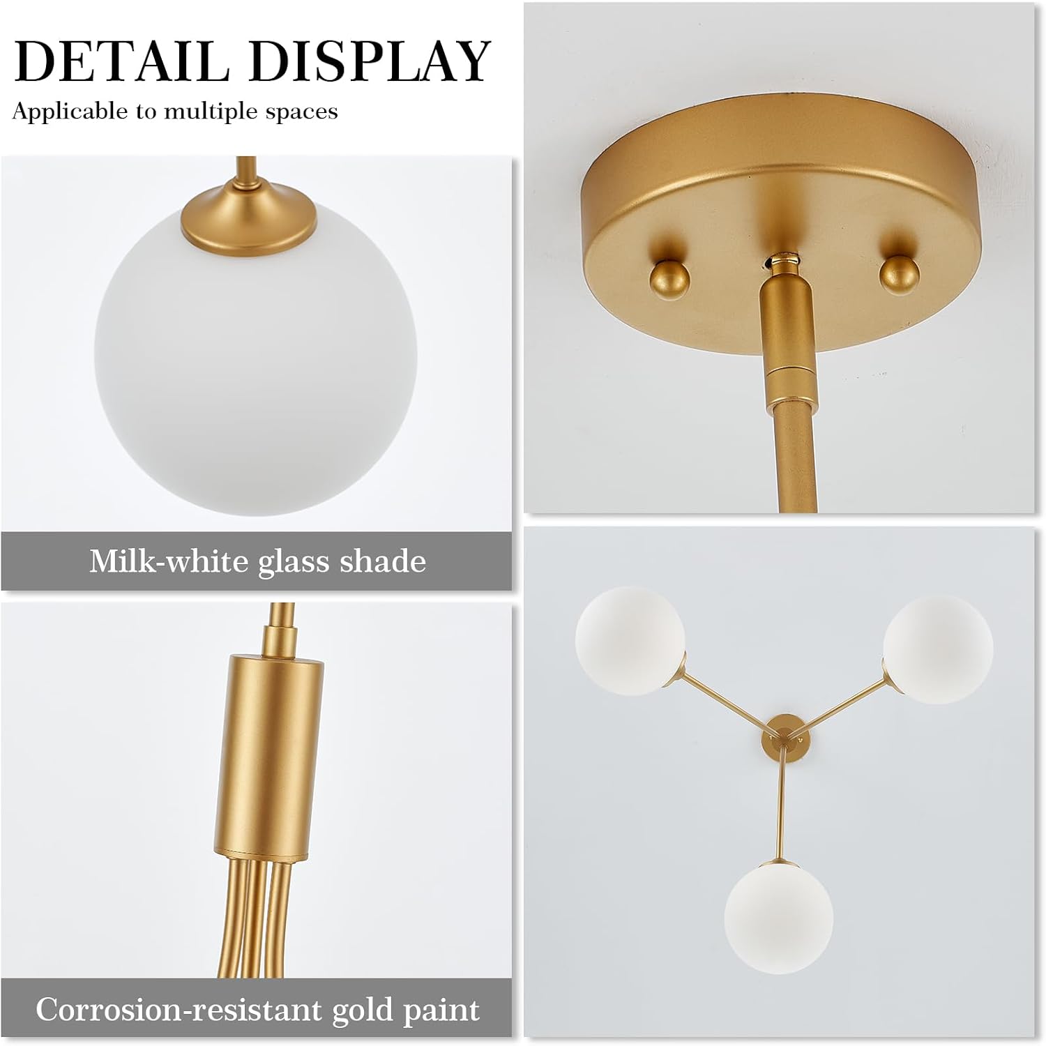3 Light Modern Sputnik Chandelier, Milk White Globe Glass Chandelier,25" Mid-Century Gold Pendant Light Fixtures for Dining Room Living Room Foyer,G9