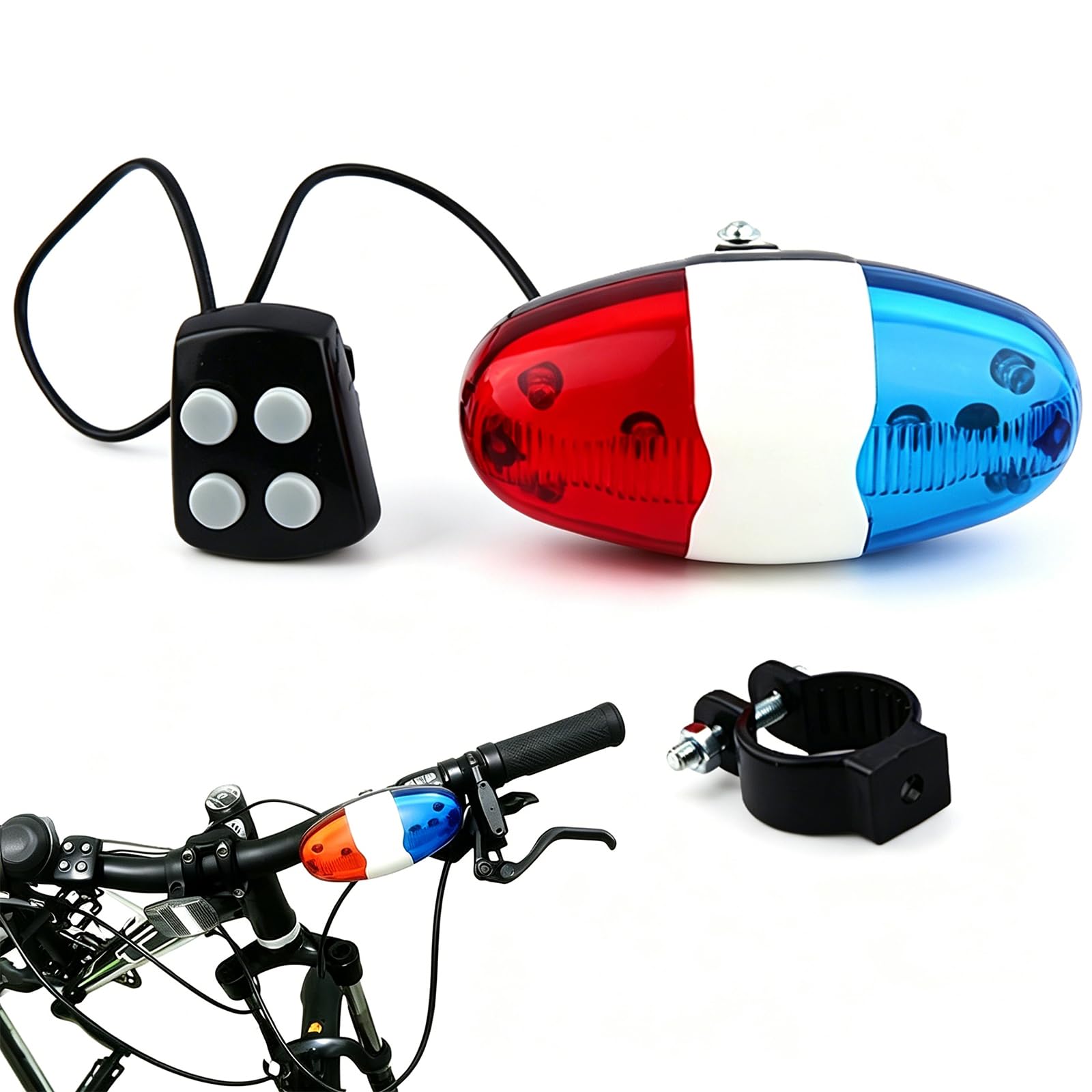 Bicycle Police Siren Bike LED Light, 4 Sounds Battery-Powered Horn Siren Bell with 6-LED Flashing Blue and Red Bicycle Safety Light for Mountain Bike/Road Bike (Red+Blue, 1 PC)
