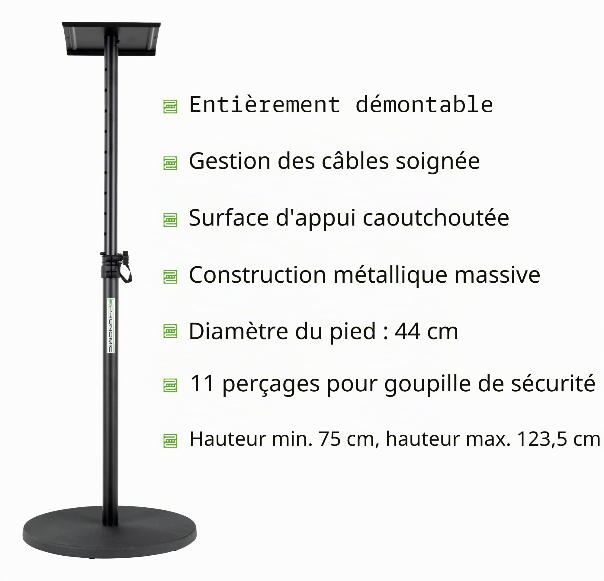 Pronomic SLS-128 BK Pieds pour Moniteurs De Studio Paire - 2 Supports pour Enceintes De Studio - Pieds avec Socle Rond Stable - Hauteur Réglable De 75 À 123,5 cm - Plateau De 23 x 23 cm
