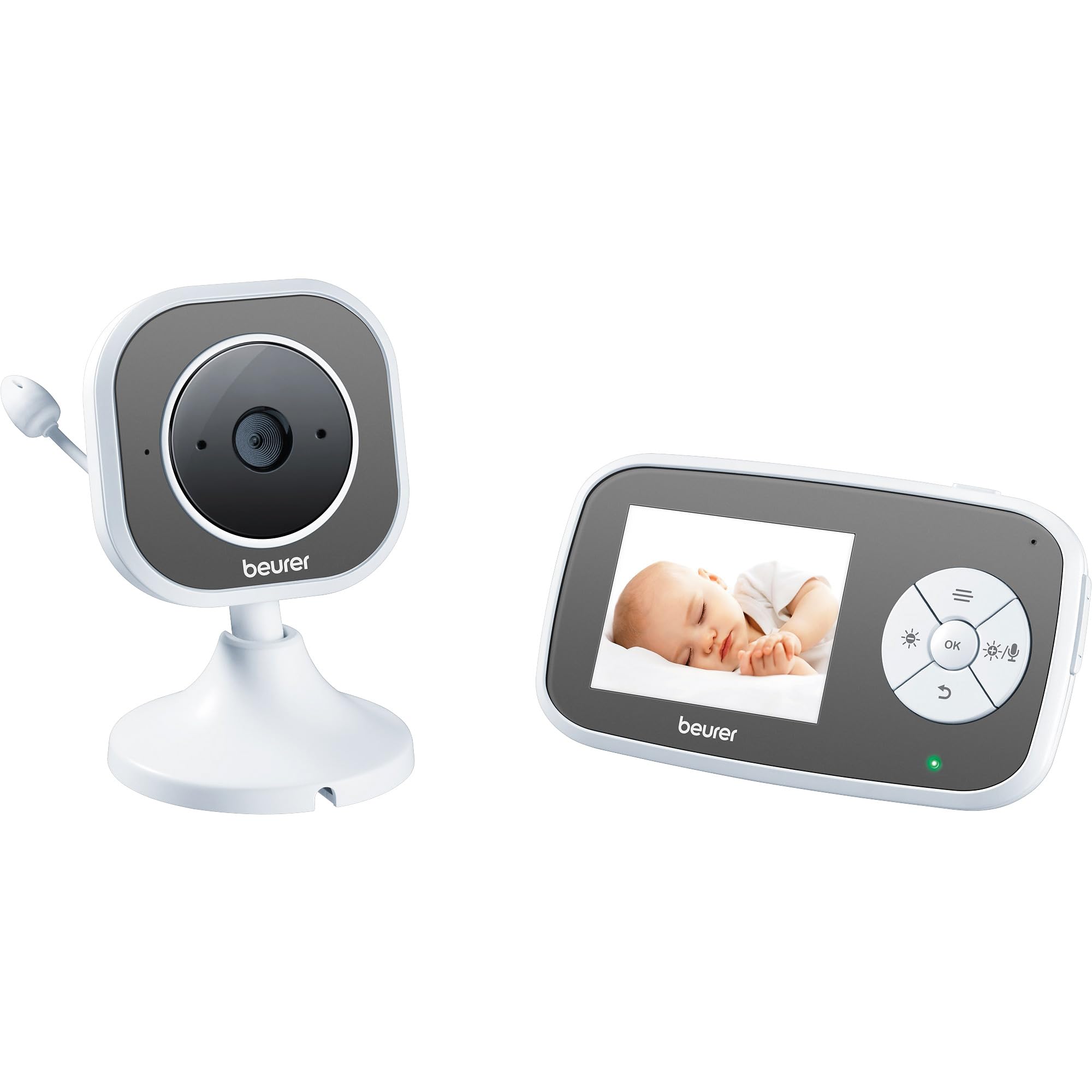 Beurer BY110 Baby Monitor Modo Eco y Video, Vigilabebés con Cámara, Pantalla LCD 2.8 pulgadas, Luz Infrarroja, Función Zoom, Batería Litio, Alarma Temperatura, Movimiento y Sonido, Blanco Gris