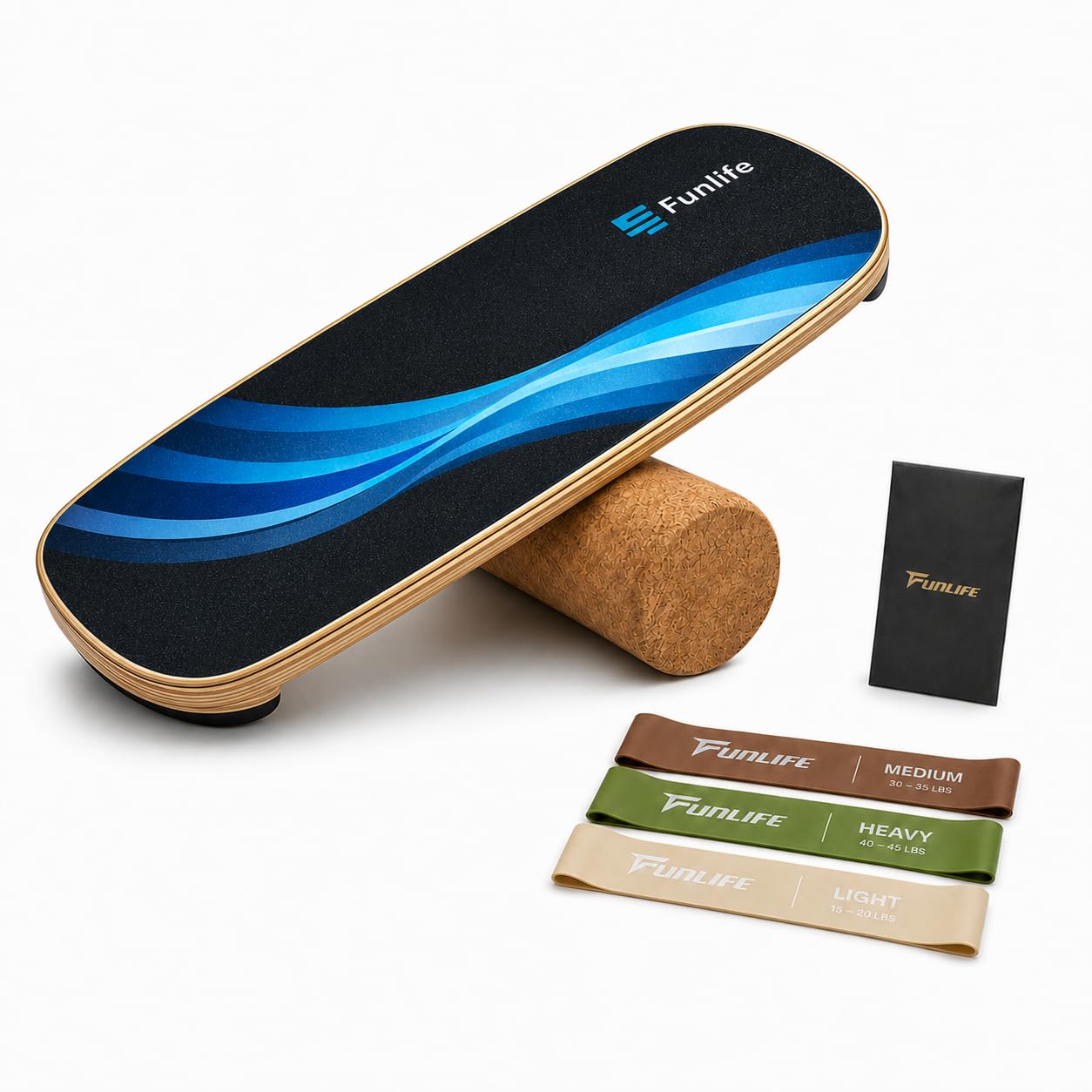 FunLife Balance Board ovale in legno di betulla con 3 fasce fitness - Set WAVE | Allenamento dell'equilibrio per allenamento del core, equilibrio, coordinazione e stabilità, antiscivolo, fino a 150 kg
