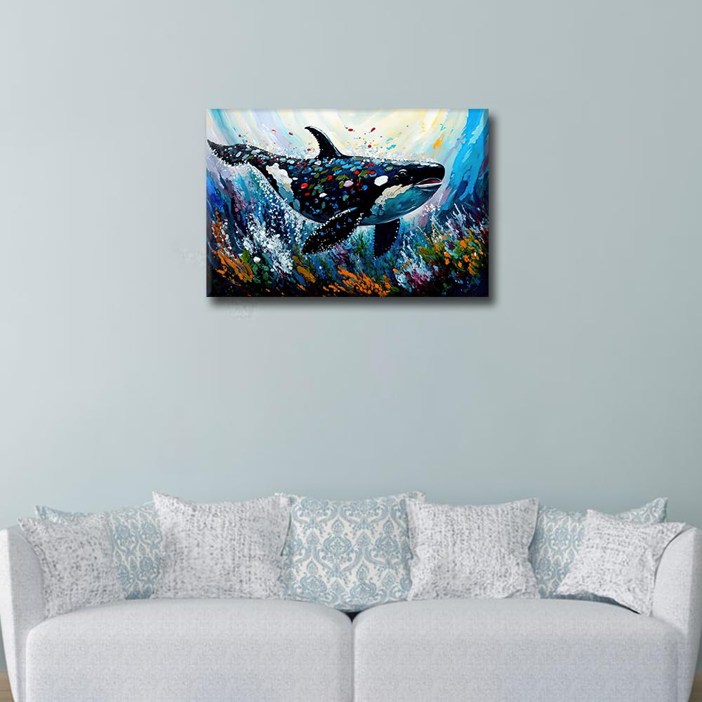 Orca Fish Canvas Wall Art Animal with Color Splash Oil Painting Style Poster Prints for Living Room Bedroom Home Wall Decoration Stretched Ready to Hang 24 x16Inch - Image 3