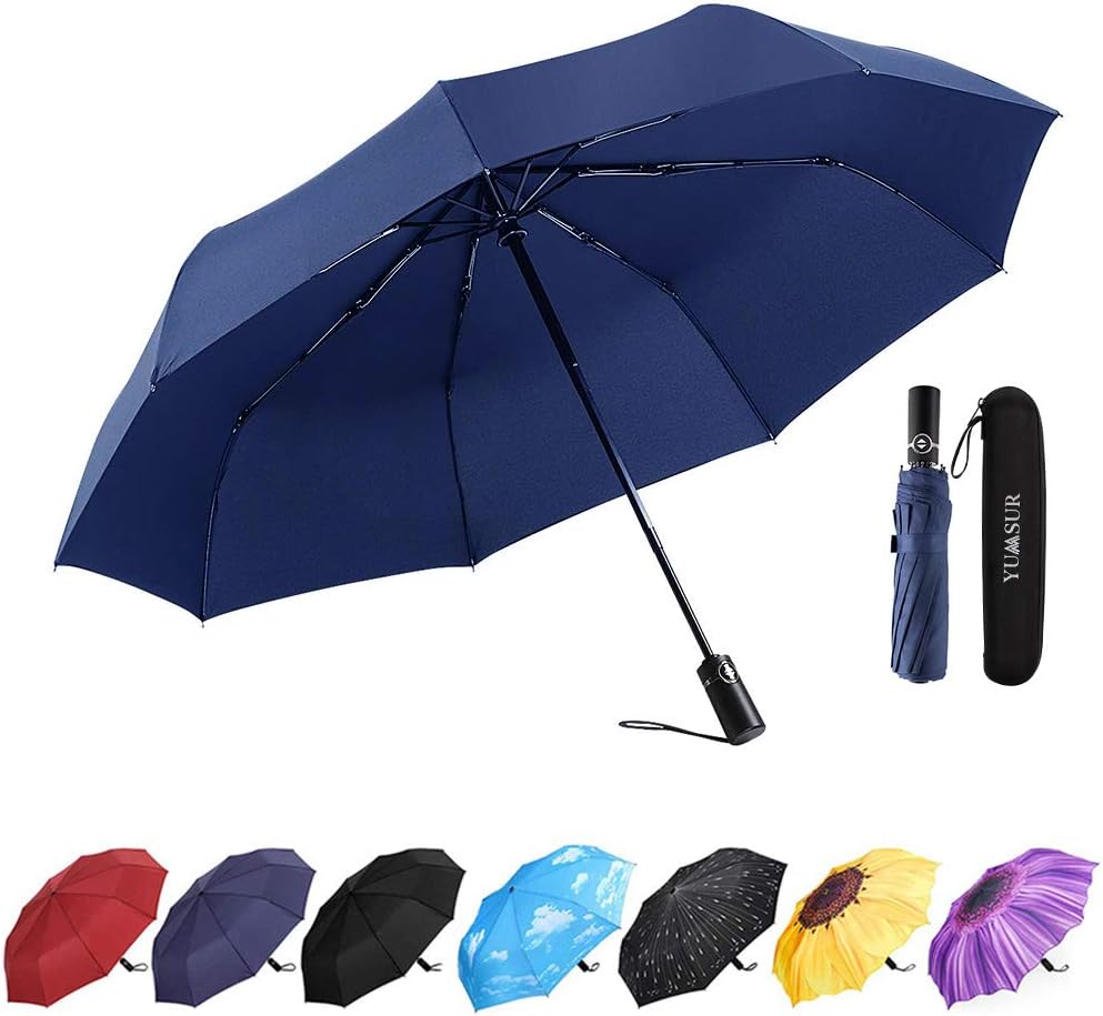 YumSurYumSur Compact Travel Umbrella - Windproof, Reinforced Canopy, Tested in 60mph Winds, 10 Ribs Reinforced Windproof Umbrella, One Touch Auto Open/Close Multiple Colors for Men & Women Blue