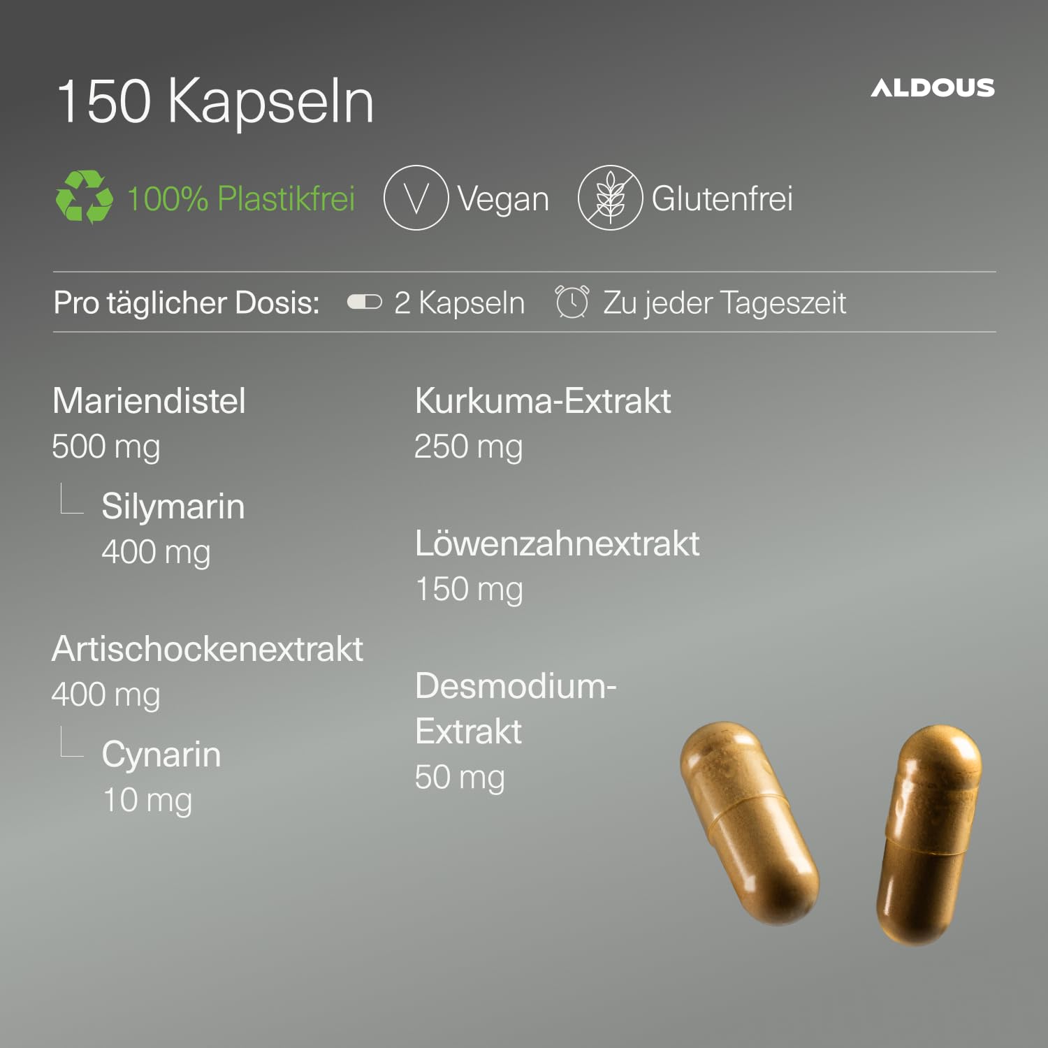 Mariendistel Kapseln mit Kurkuma, Artischocke, Löwenzahn und Desmodium - 150 Kapseln Detox - Maximale Entschlackende Dosis mit 80% Silymarin - Leberentgiftung, Bessere Verdauung - ALDOUS