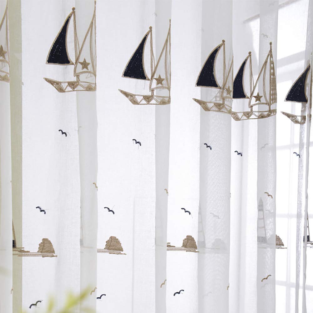 Kinder Vorhang Transparent Jungen Mädchen Segelboot Muster 140x160 Kurz Voile Vorhäng Gardine Kräuselband Fensterschals Lichtdurchlässige Babyzimmer