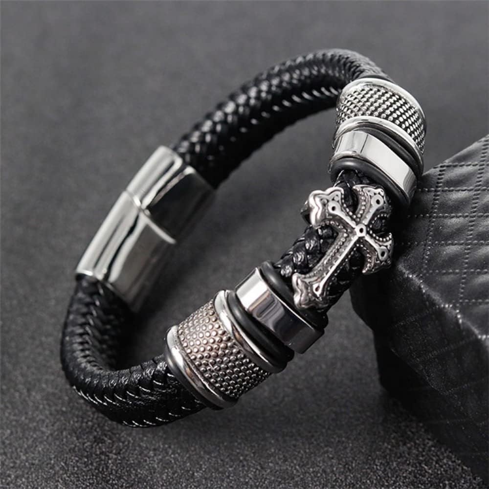 Mens Leather Bracelet 21cm – Genuine Braided Leather Wristband with Stainless Steel Clasp, Fashion Jewelry Gift for Men, Boyfriend, Husband, Dad