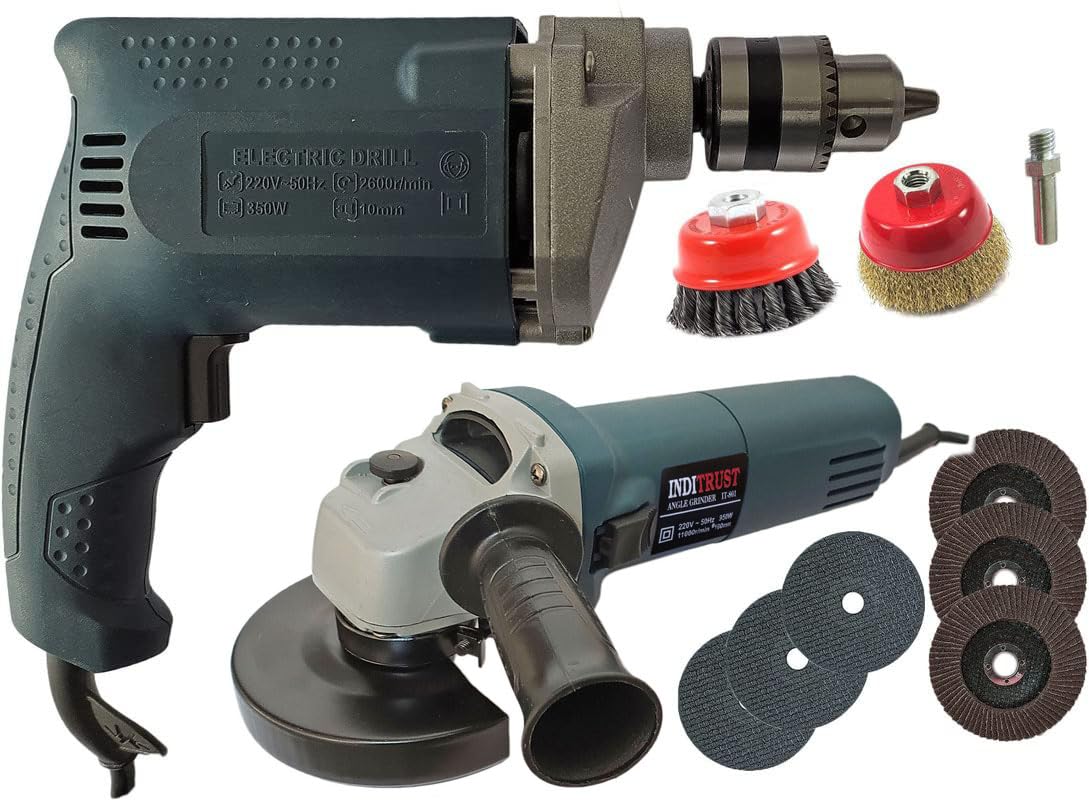 Inditrust 950w Blue Sliding Angle Grinder 4inch & 10mm electric Drill machine, 2pc Cup brush, 10M Bolt & 3pc Flap and 3pc Cutt Off Wheel set with 6 MONTHS WARRANTY 100% Copper Winding (B0C392LGYN) Amazon Price History, Amazon Price Tracker