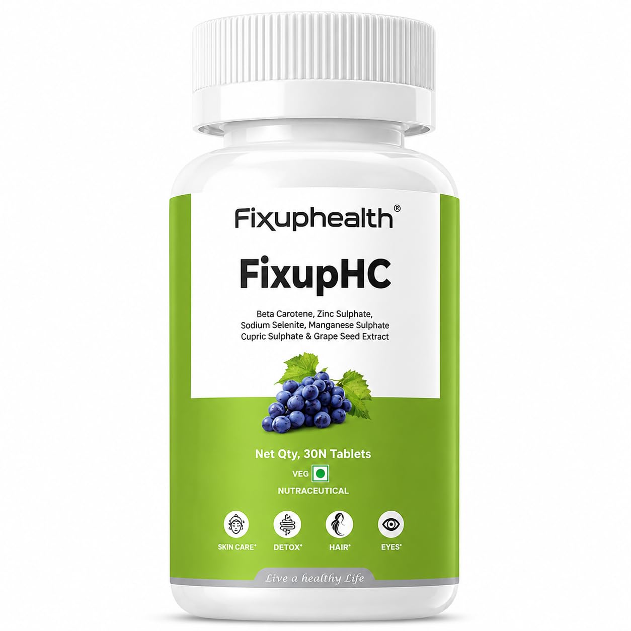 Fixuphealth FixupHC Carotene Supplement 30 Tablets for Skin Glow Detox Hair Strength & Eye Health With Beta Carotene Zinc Selenium & Grape Seed Extract Pack of 1-image-17