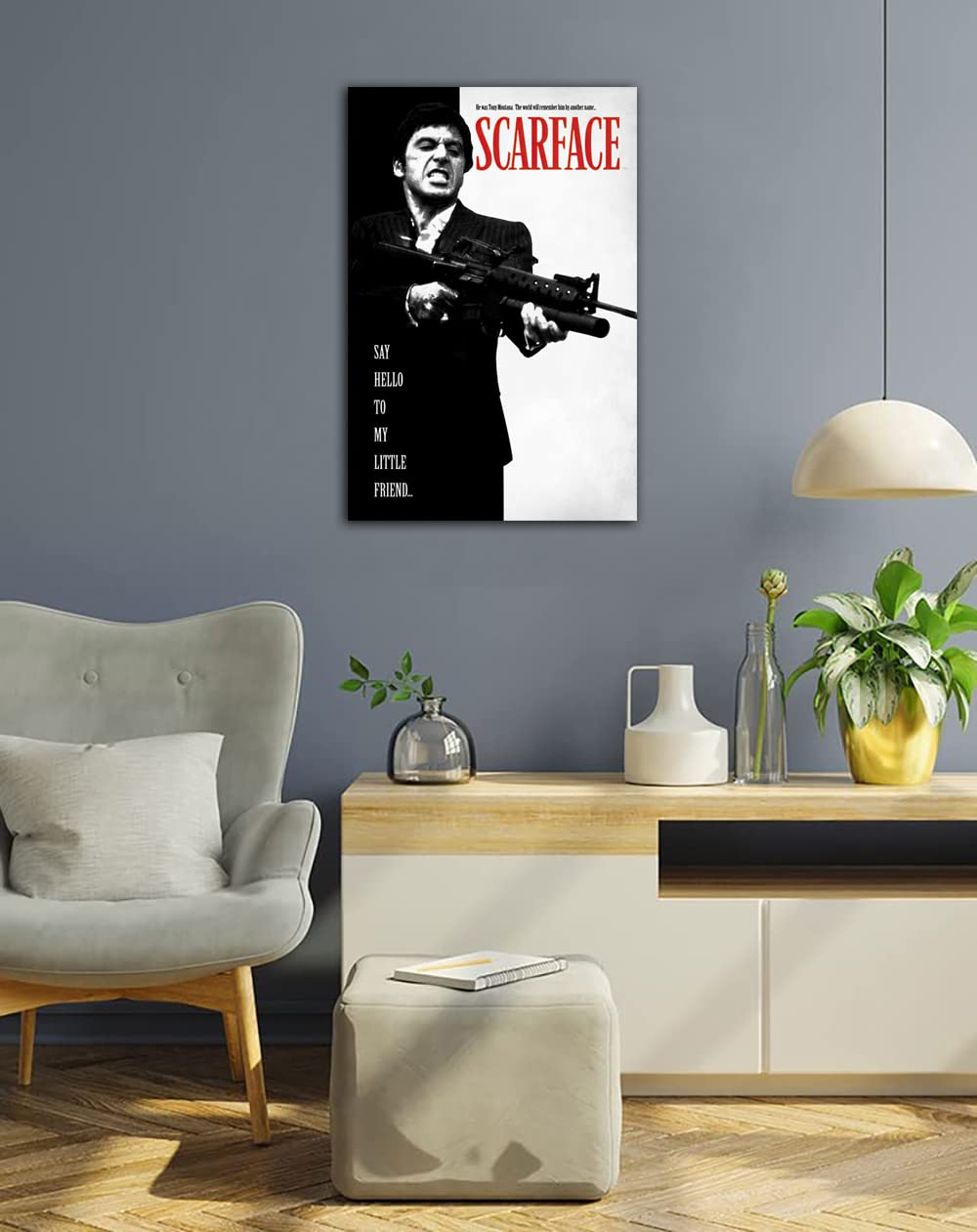 HOPNRU Dipinto su tela in bianco e nero Scarface Poster con immagini artistiche da parete di film classico retrò Stampa Poster di arredamento estetico per soggiorno (60x90cm-Incorniciata)