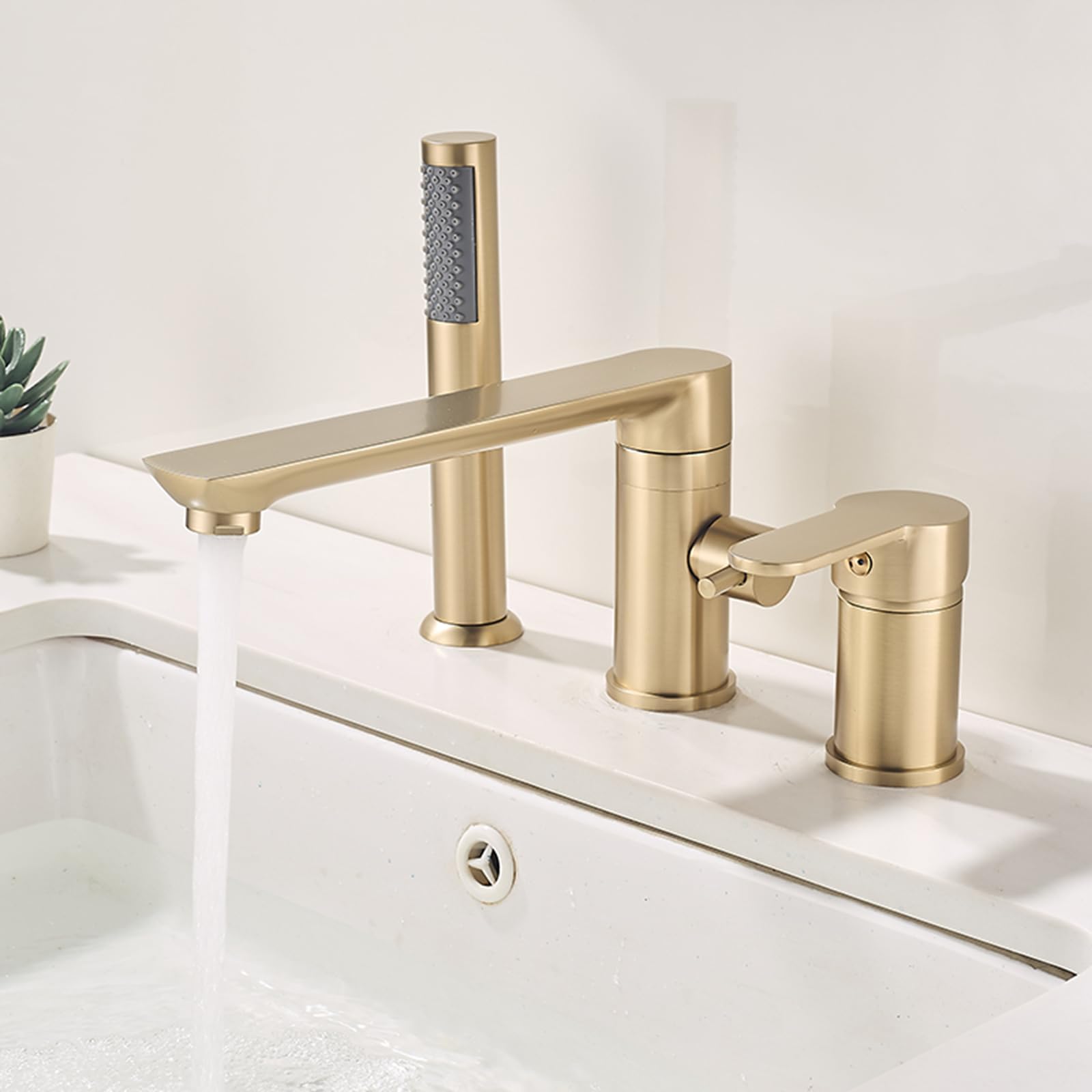 ZQFHSX Brass Bath Mixer Tap with Shower, 3 Holes for Hot and Cold Water, Durable Finish