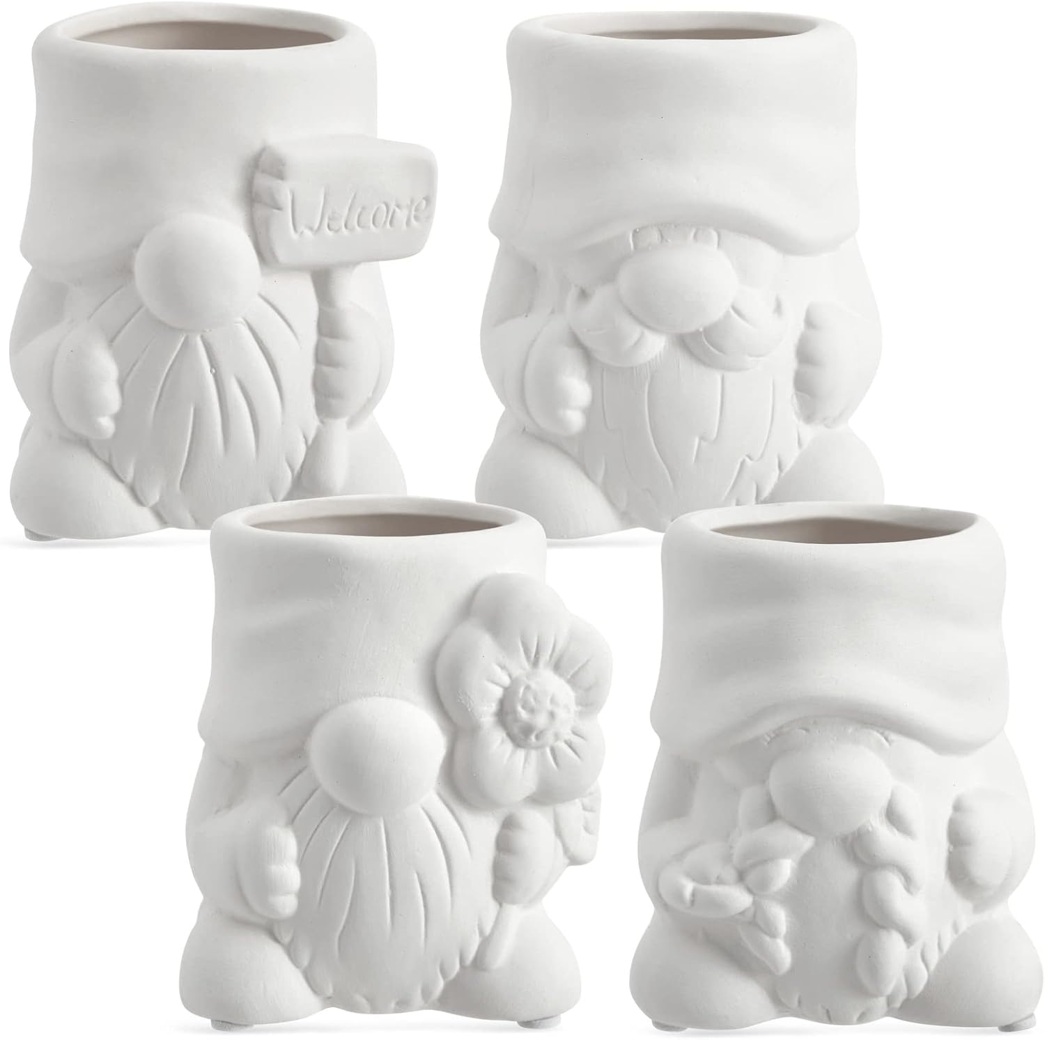 Bright Creations Paintable Ceramic Garden Gnome Planters - 3 x 3 x 4 in, White, Pack of 4, Unfinished - Succulent Pots to Paint with Drainage Holes & Plugs - DIY Pottery Kit