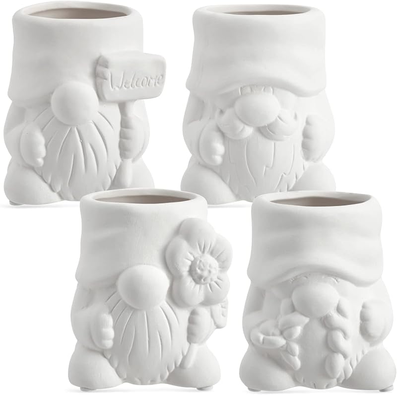 Bright Creations Paintable Ceramic Garden Gnome Planters - 3 x 3 x 4 in, White, Pack of 4, Unfinished - Succulent Pots to Paint with Drainage Holes & Plugs - DIY Pottery Kit