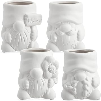 Bright Creations Paintable Ceramic Garden Gnome Planters - 3 x 3 x 4 in, White, Pack of 4, Unfinished - Succulent Pots to Paint with Drainage Holes & Plugs - DIY Pottery Kit