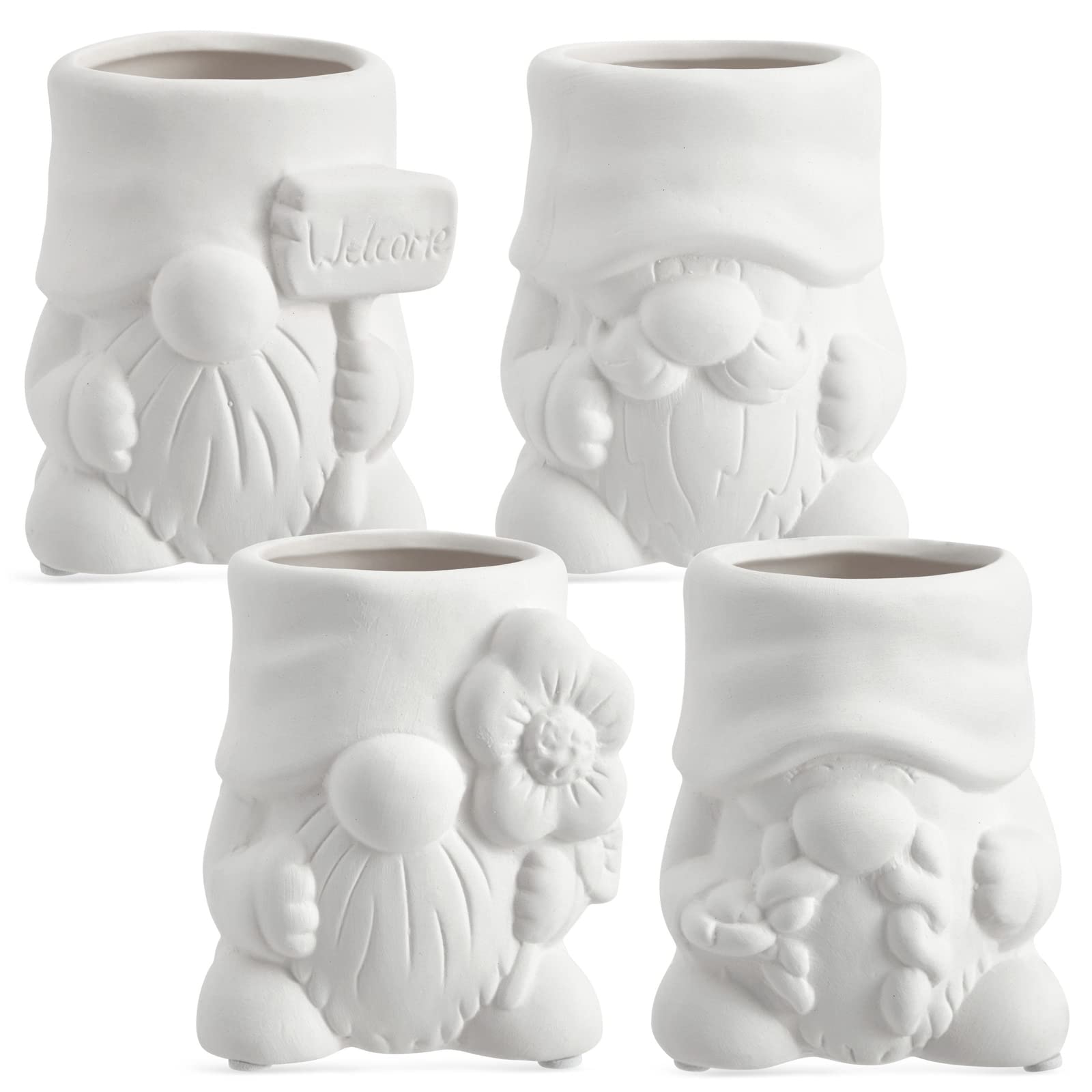 Bright Creations Paintable Ceramic Garden Gnome Planters - 3 x 3 x 4 in, White, Pack of 4, Unfinished - Succulent Pots to Paint with Drainage Holes & Plugs - DIY Pottery Kit